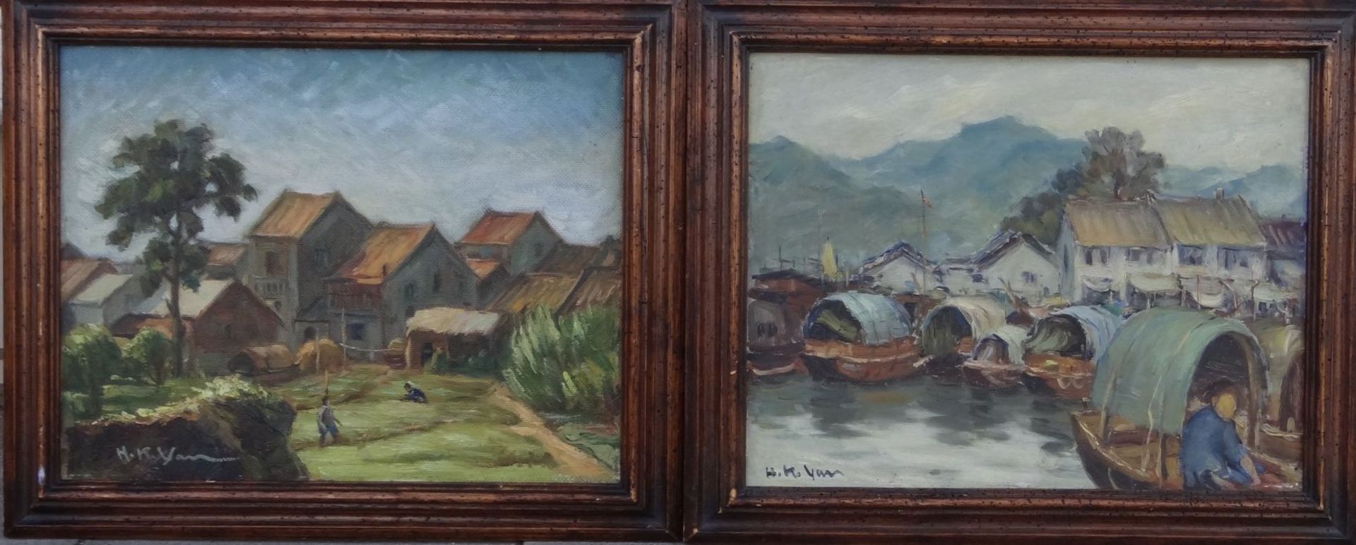 H.K. Yan, 2x dörfliche Ansichten, wohl Vietnam?, Öl/Platte gleich gerahmt, RG 44x54