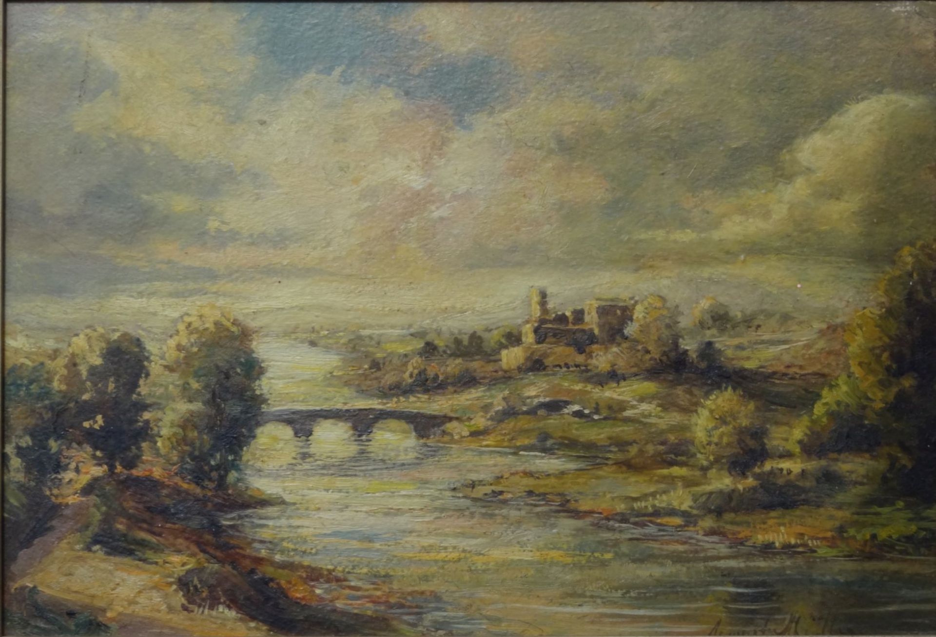 August MÜLLER (1836-1885) "Landschaft am Fluss" Öl/Platte, gerahmt, RG 25x35""""