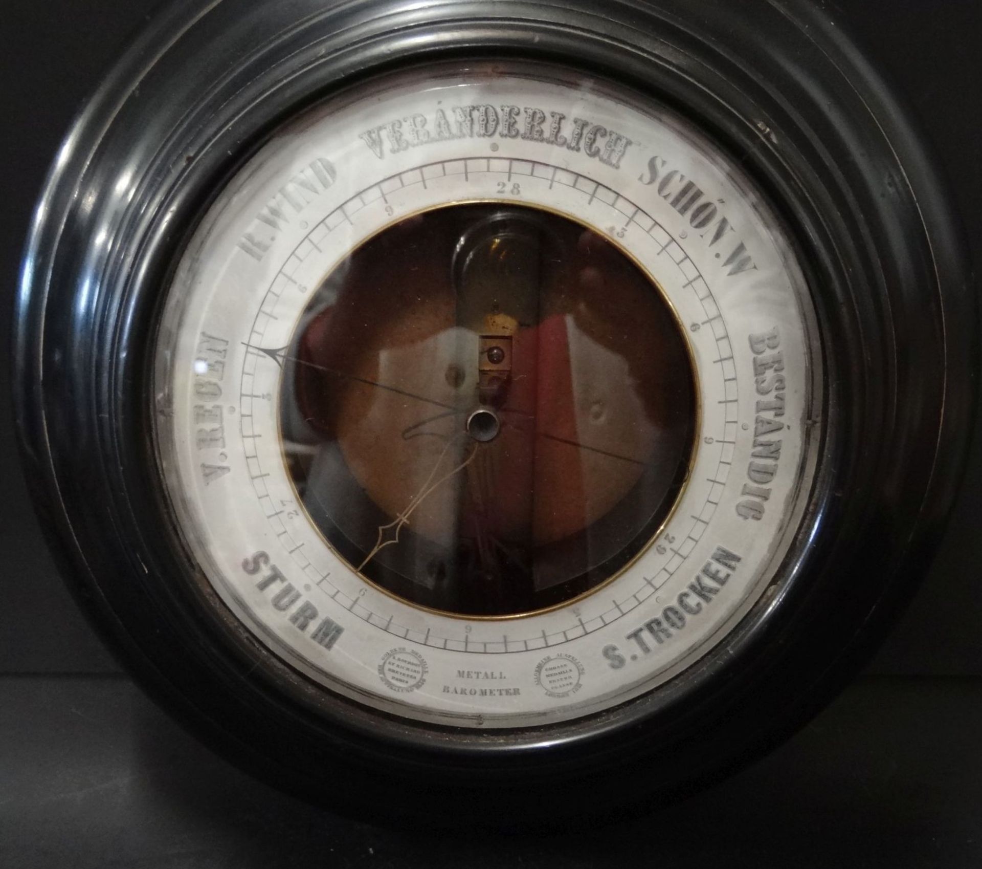 grosses Metall-Barometer in runden Holzgehäuse um 1850, D-33 c""""