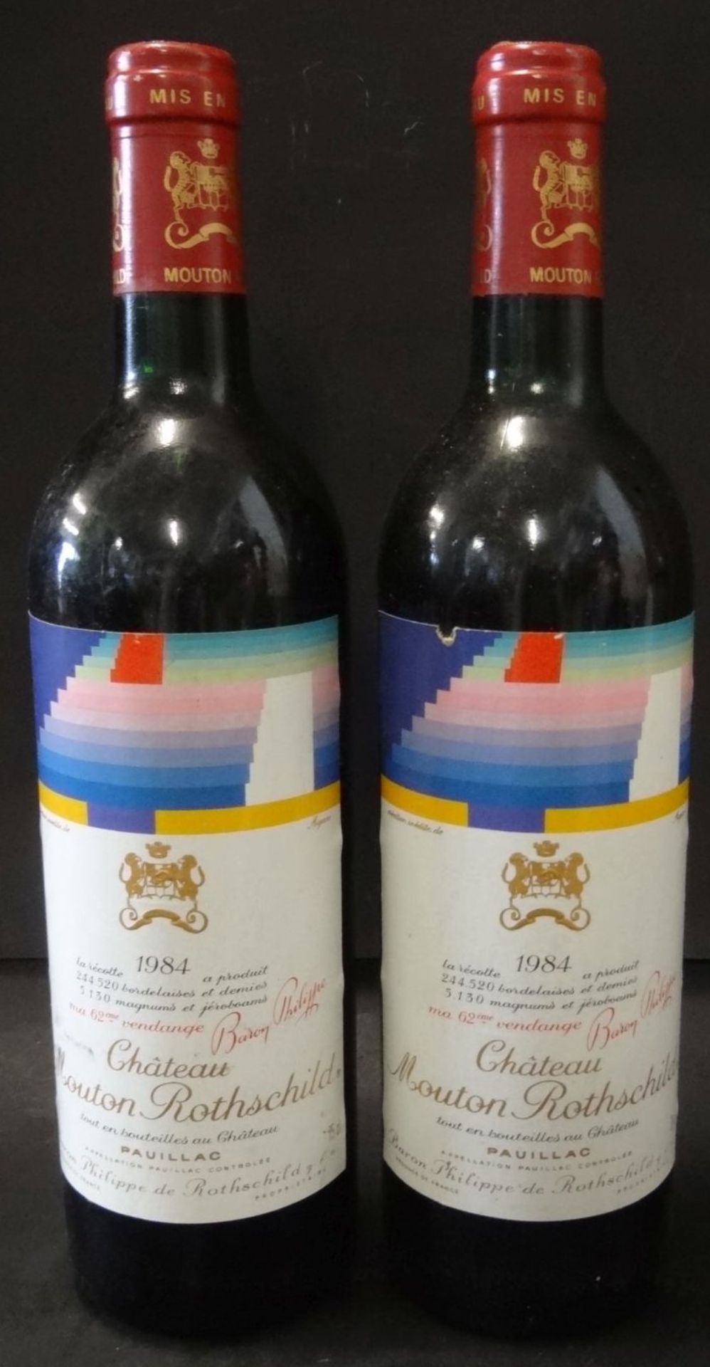 2x 0,75 L Rotweinflaschen "Chateau Mouton Rothschild" Pauillac 1984, Frankreich""""