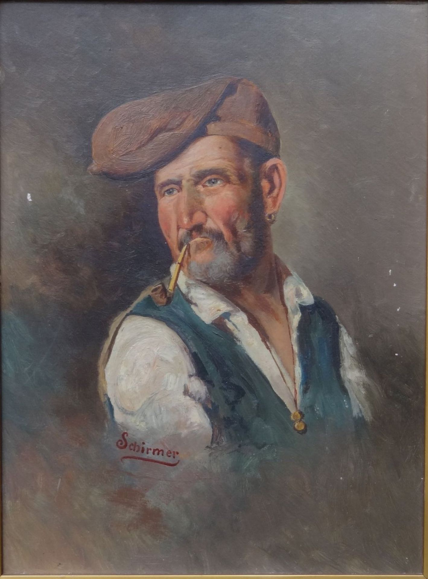 Schirmer"Portrait eines Pfeifenrauchers" Öl/Platte, alt gerahmt, RG n45x37 cm, kl. Farbabplatze""""