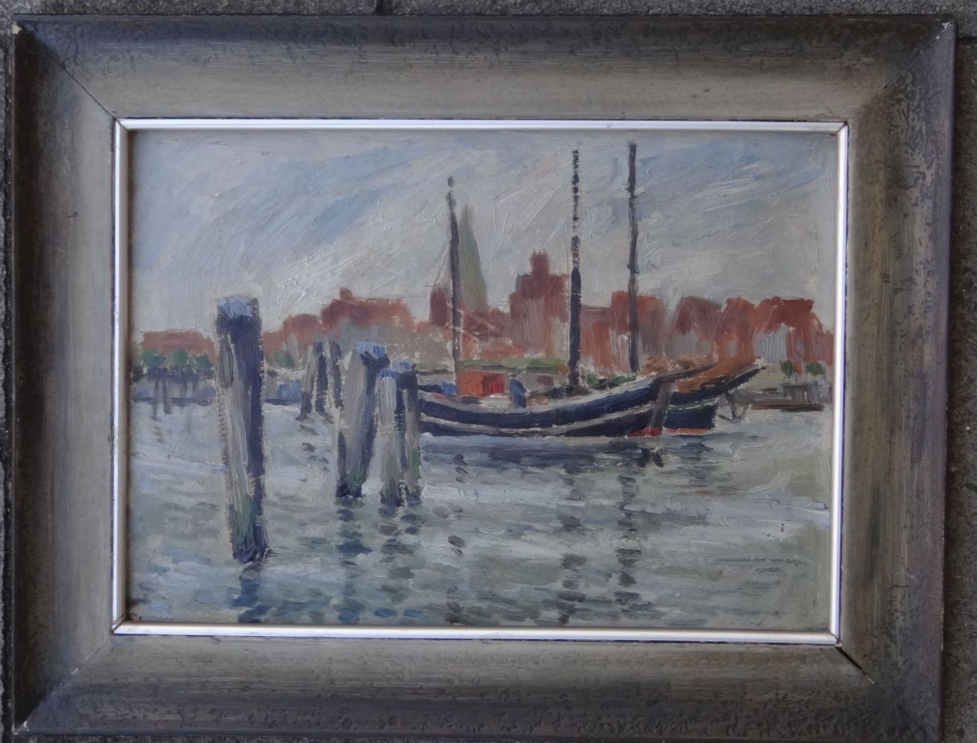 anonym, Boote im Hafen, Öl/Pappe, gerahmt, RG 32x42 cm, um 190