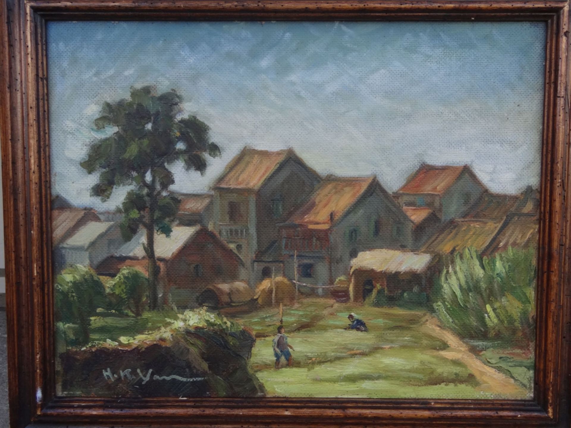 H.K. Yan, 2x dörfliche Ansichten, wohl Vietnam?, Öl/Platte gleich gerahmt, RG 44x54 - Image 2 of 5