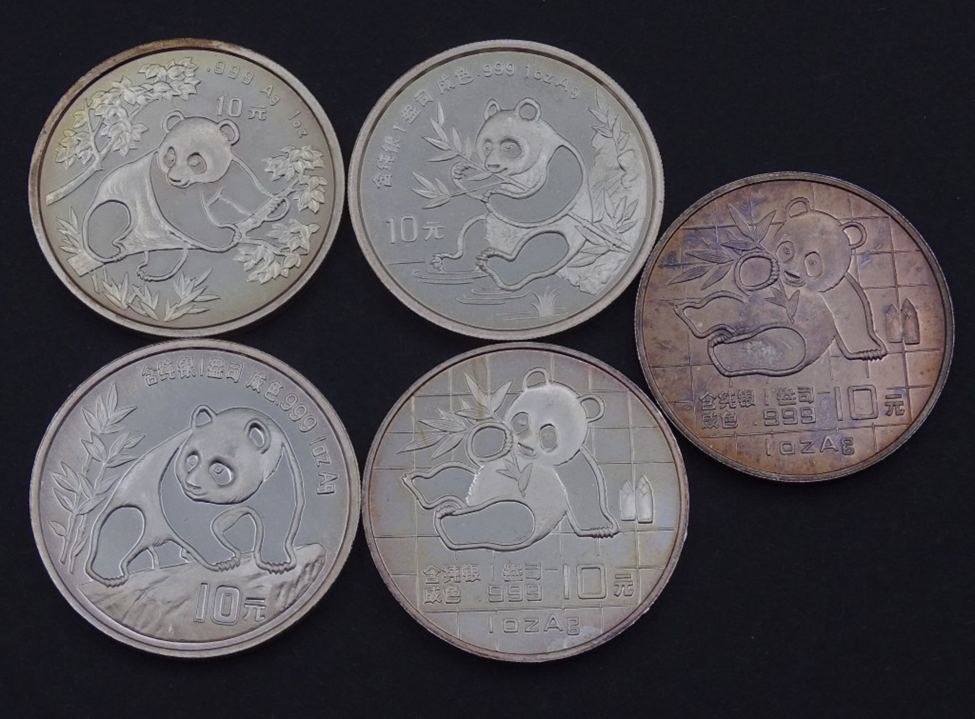 5x 10 Yuan China Panda 1989-1992,je 1 Oz Silber,ges.Gew.155,9gr.
