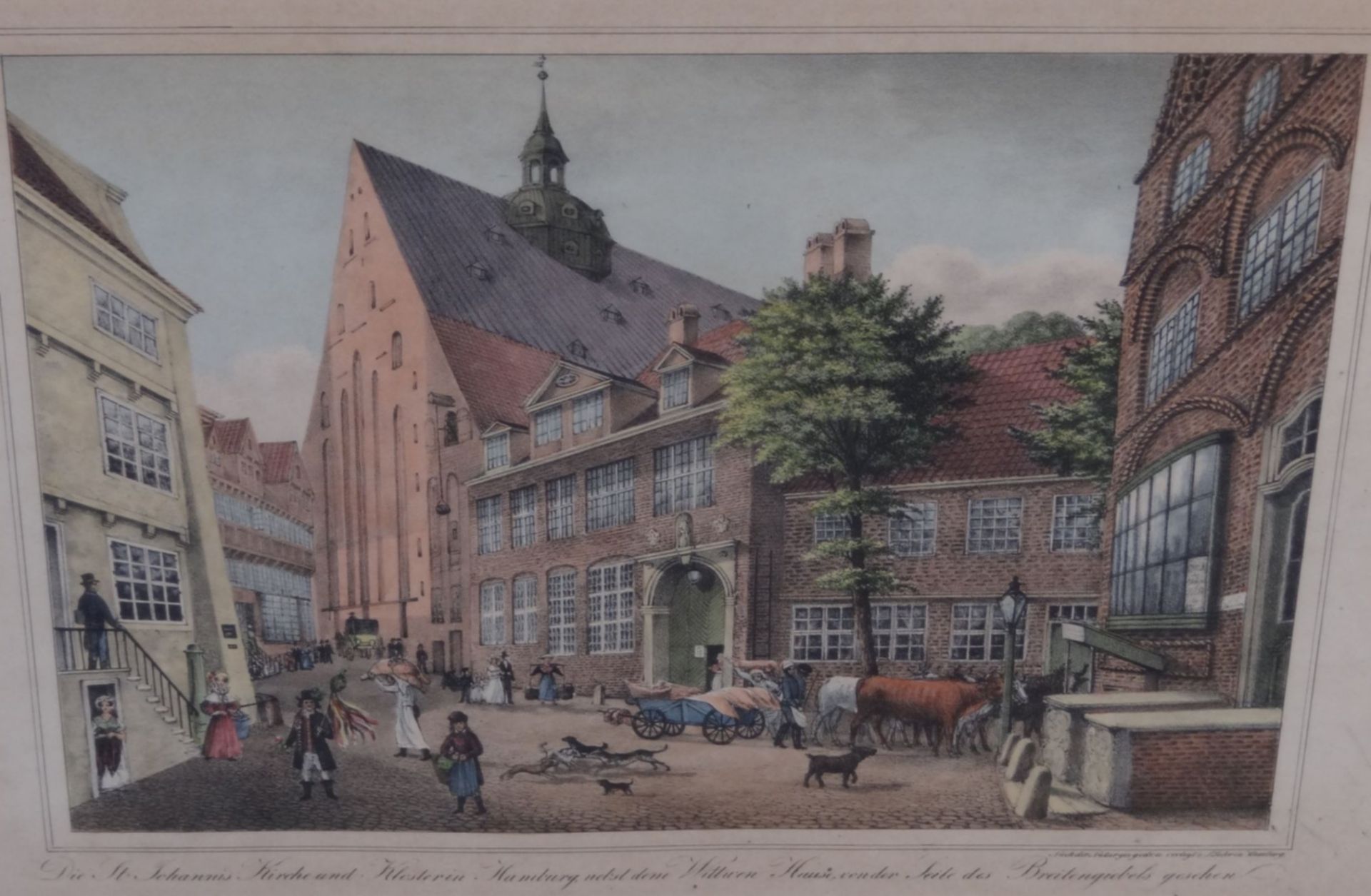 Hamburg Lithografie um 1830, von P. Suhr, St. Johannis Kirche, ger/Glas, RG 38x52 cm