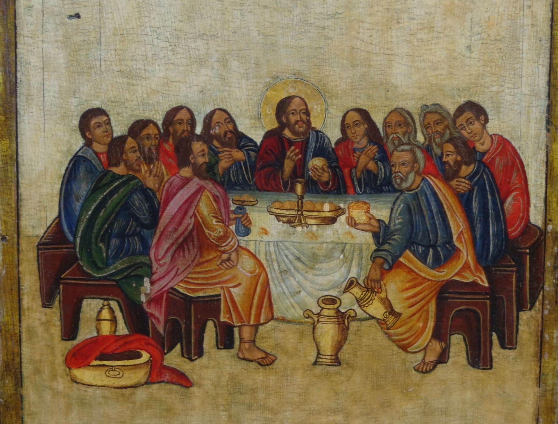 griechische Ikone "Das letzte Abendmahl" auf schwerer Holzplatte, 47x36 cm, B-2,5 cm - Image 2 of 6