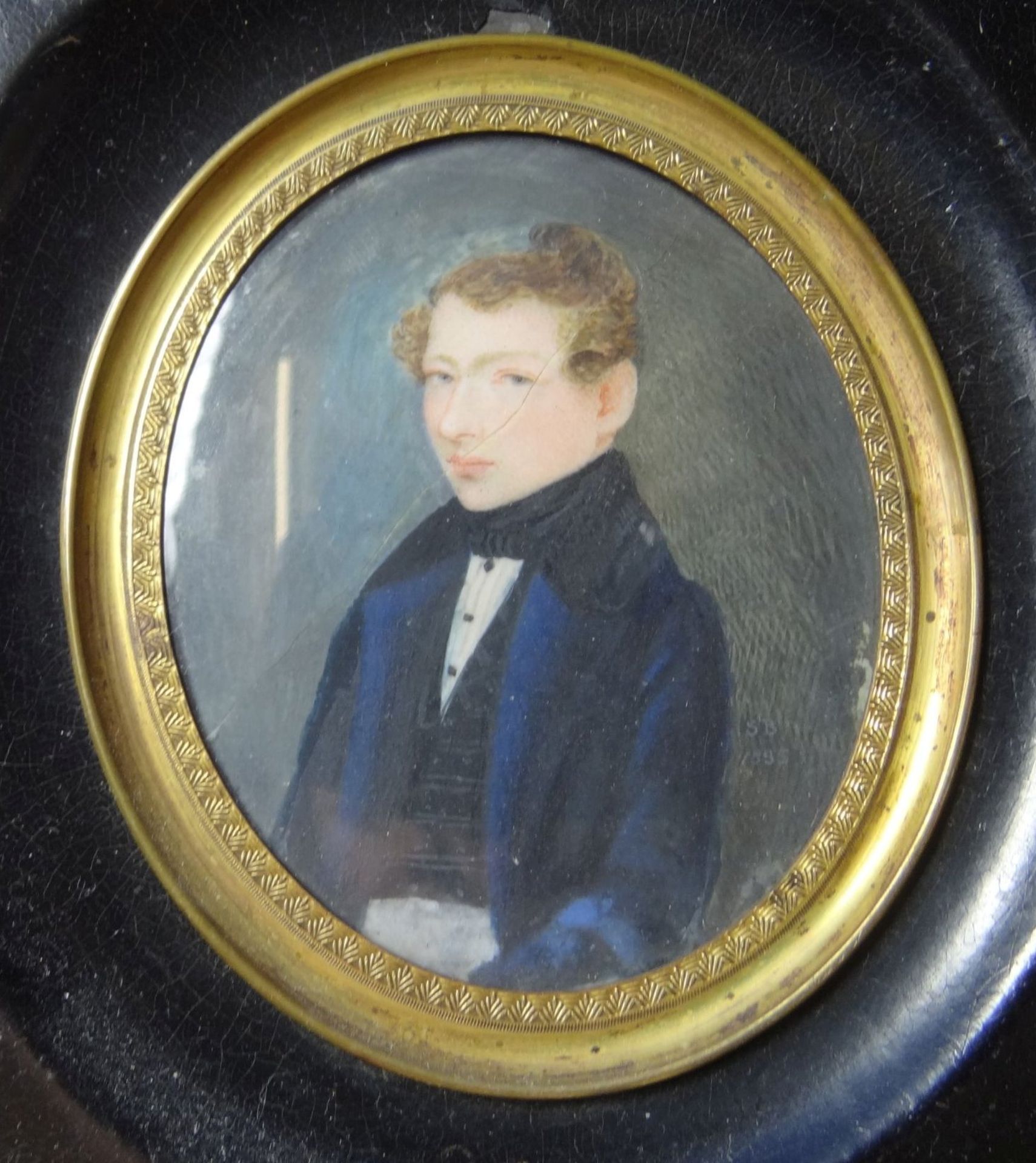 S.B., 1835 "Miniaturportrait eines Adligen" auf Elfenbeinplatte, diese gerissen, ger/Glas, RG