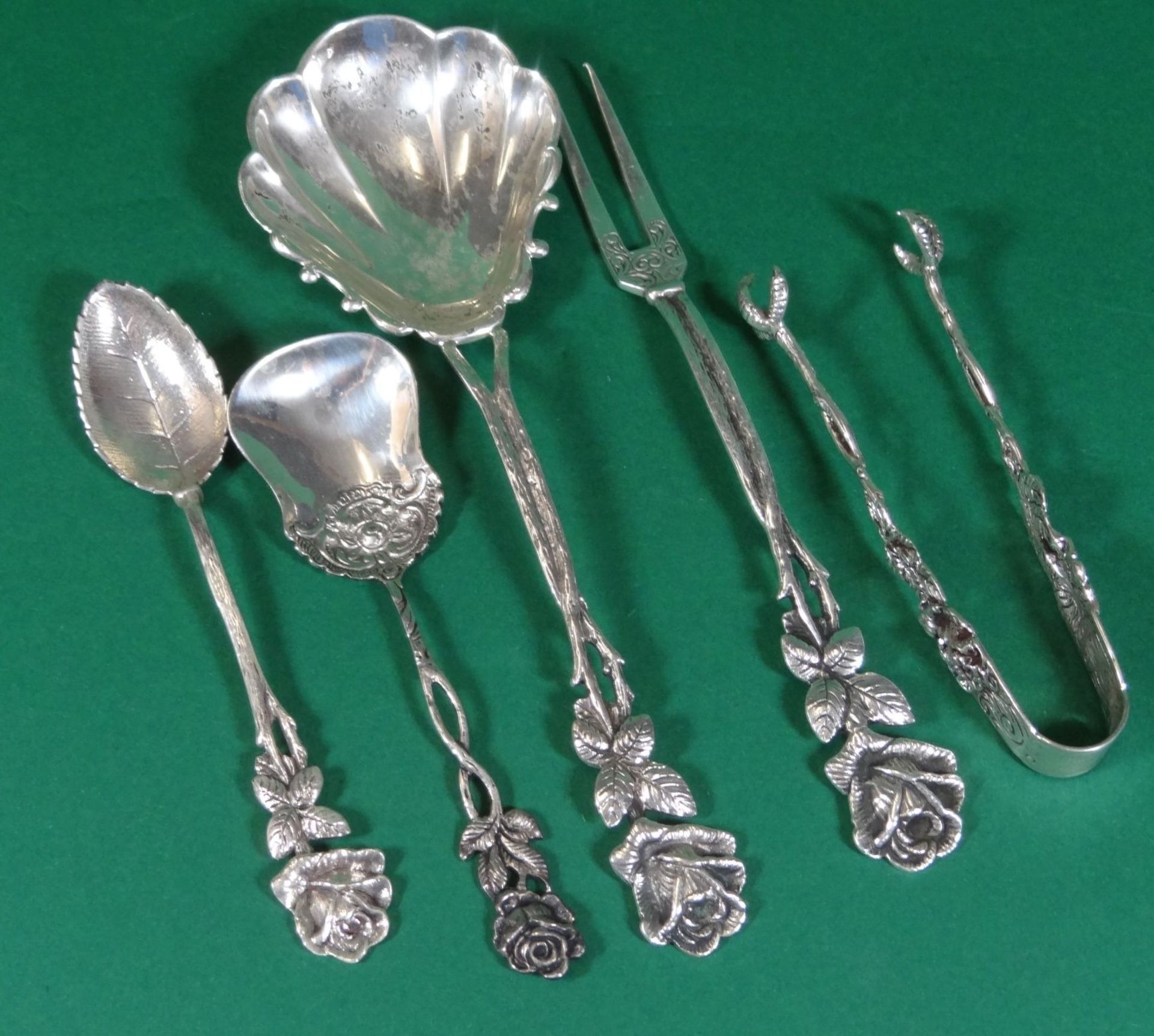 5x Kaffeebesteck, Silber-800-, Rosenmuster, 10-16 cm, zus. 79 gr.