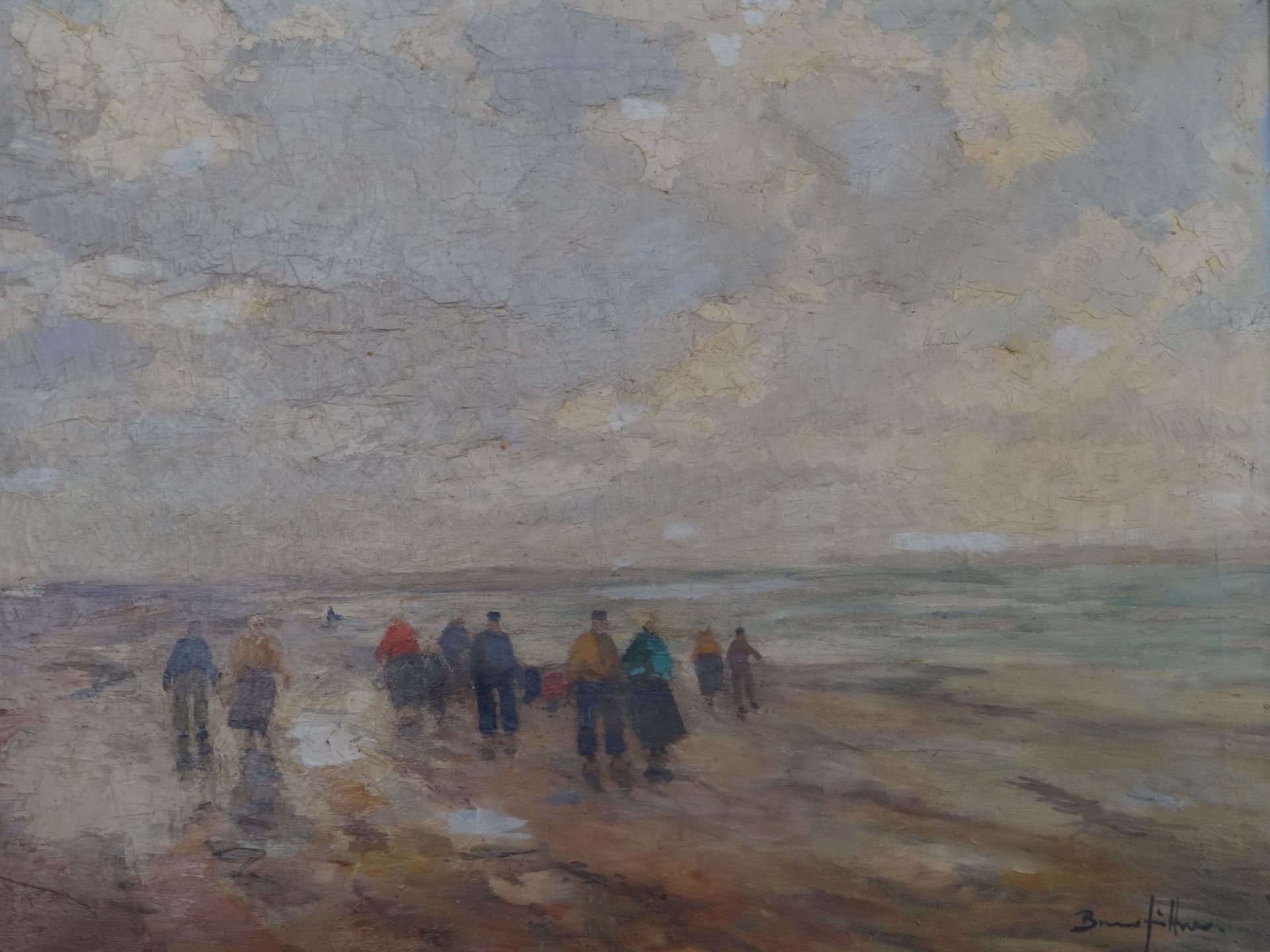 Bruno JÜTTNER (1880-1965) "Krabbenfischer am Strand", Öl/Leinen, gerahmt, RG 80x97 cm, verso betite