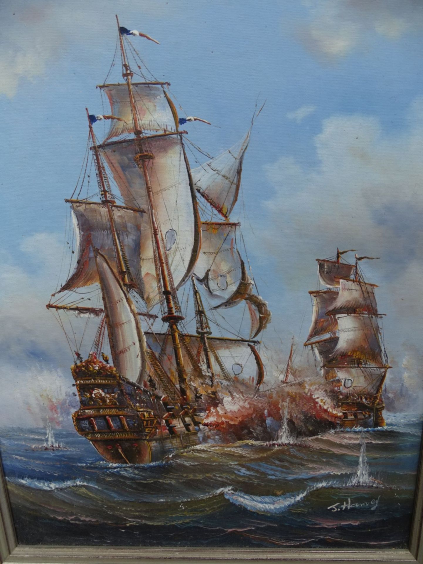 Künstler: T. Hamof, Titel: ,,Seeschlacht'', Öl auf Malfaser, gerahmt, Rg: 50x - Bild 2 aus 3