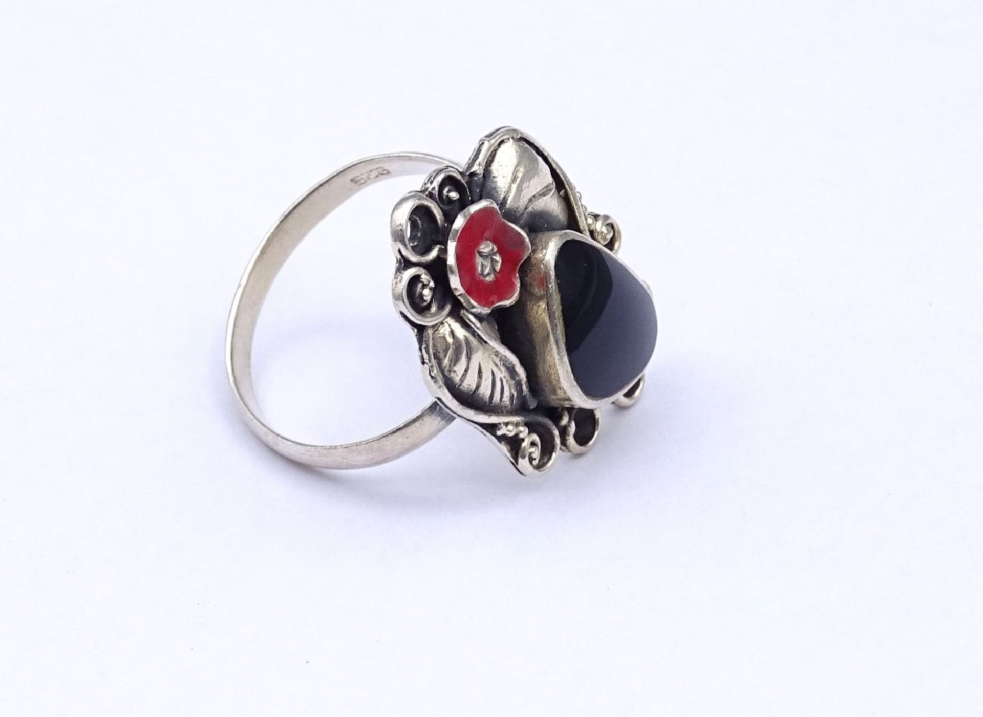 Silber Ring mit Onyx und roter Emaille,Sterling Silber 925/000, 7,5gr.,RG 63 - Bild 2 aus 3