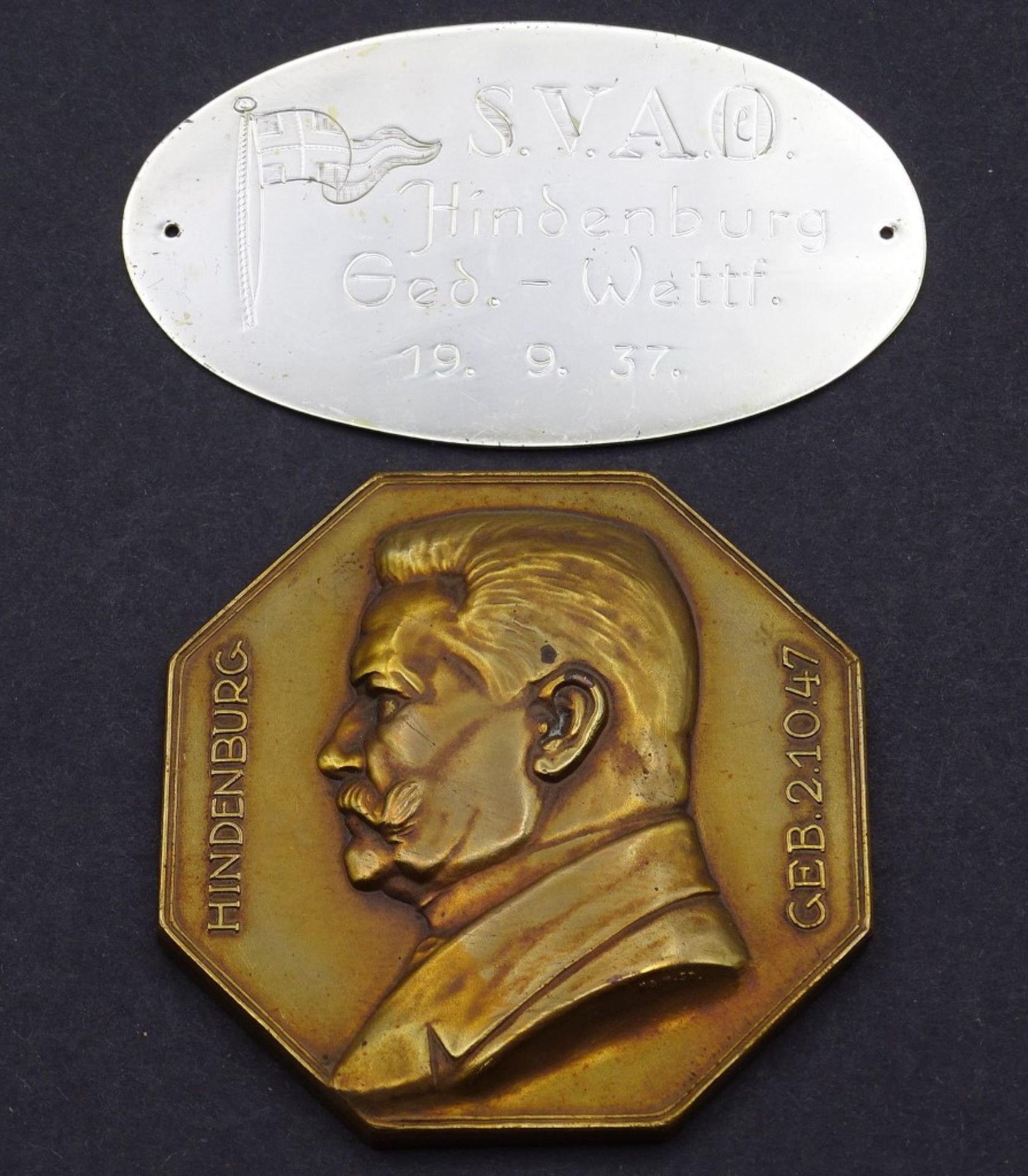Plakette und Medaille,Hindenburg Ged.-Wettfahrt 37 / Hindenburg ´2.10.1927 (S.V.A.O - Segler