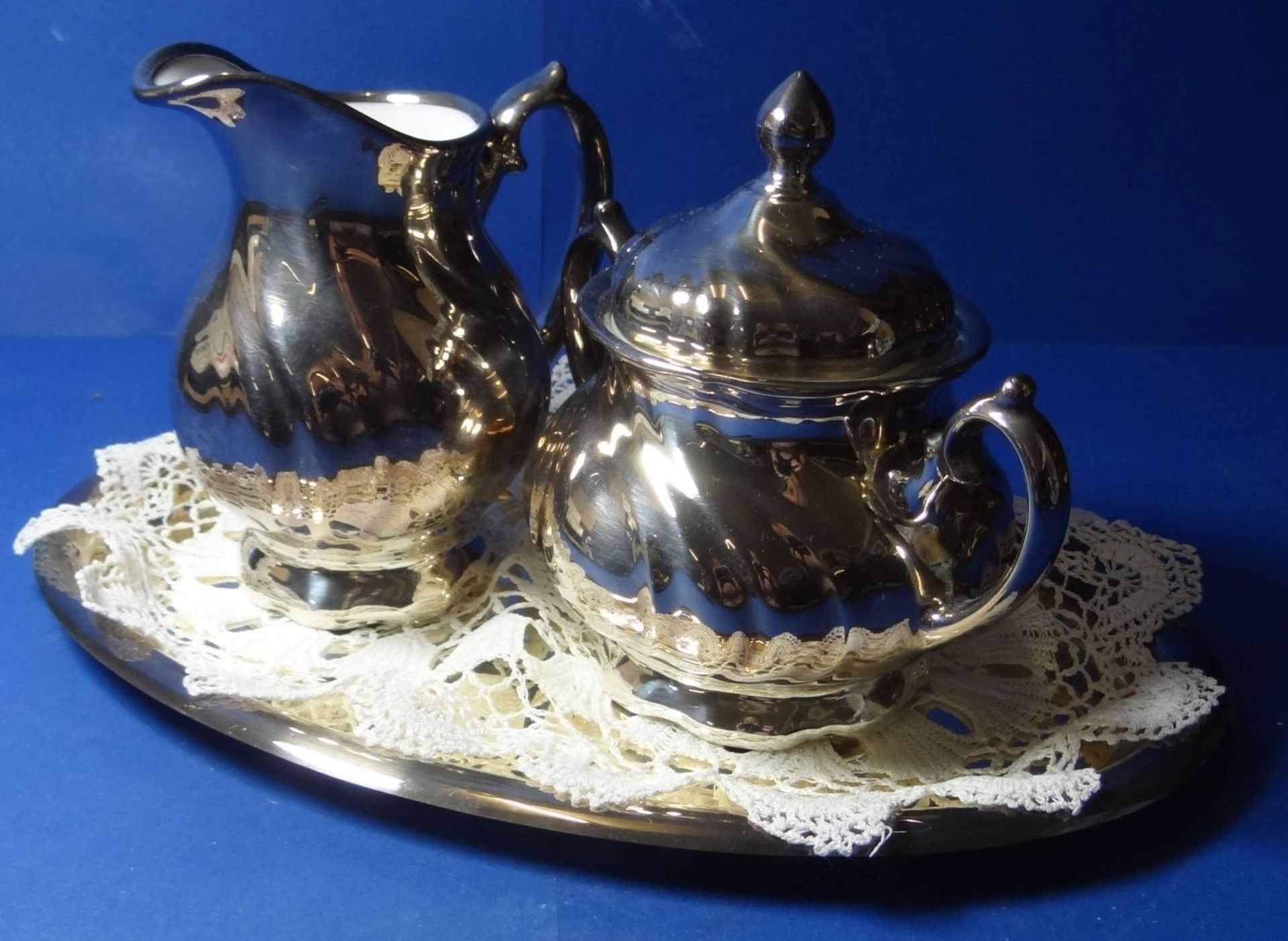 4 tg. Kaffee-Teeset, Thomas-Porzellan mit 1000-er Feinsilberauflage, anbei kl. versilb. Tablett - Bild 6 aus 6