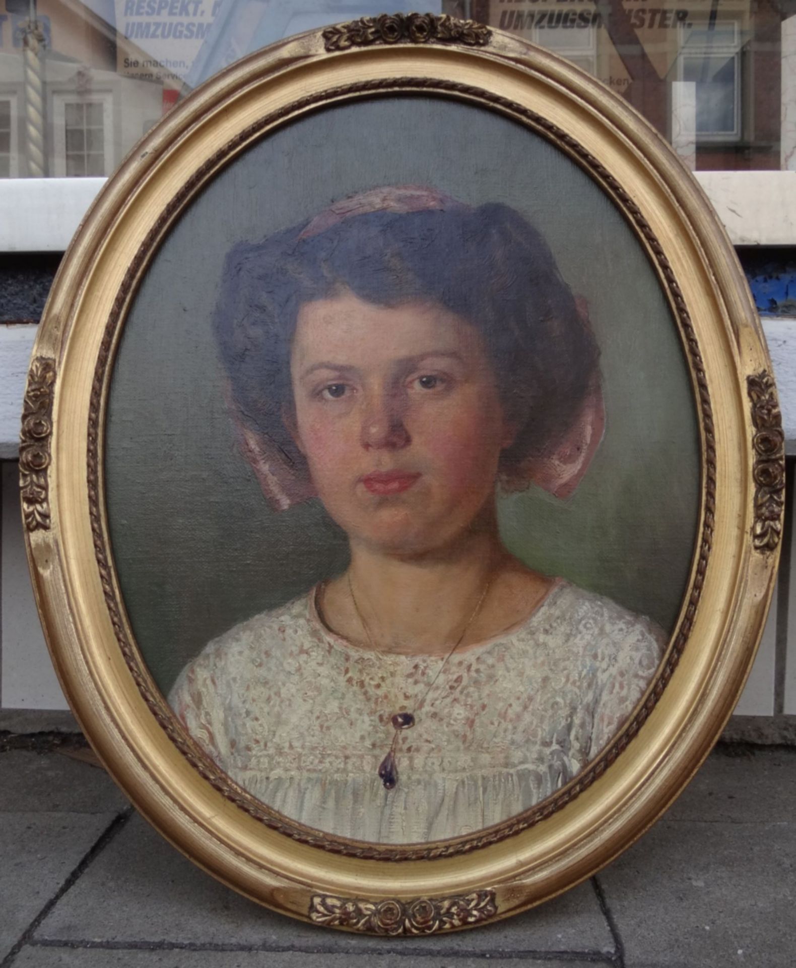 anonymes Portrait einer jungen Frau, Öl/Platte, ovale gerahmt, um 1860, 61x48 c