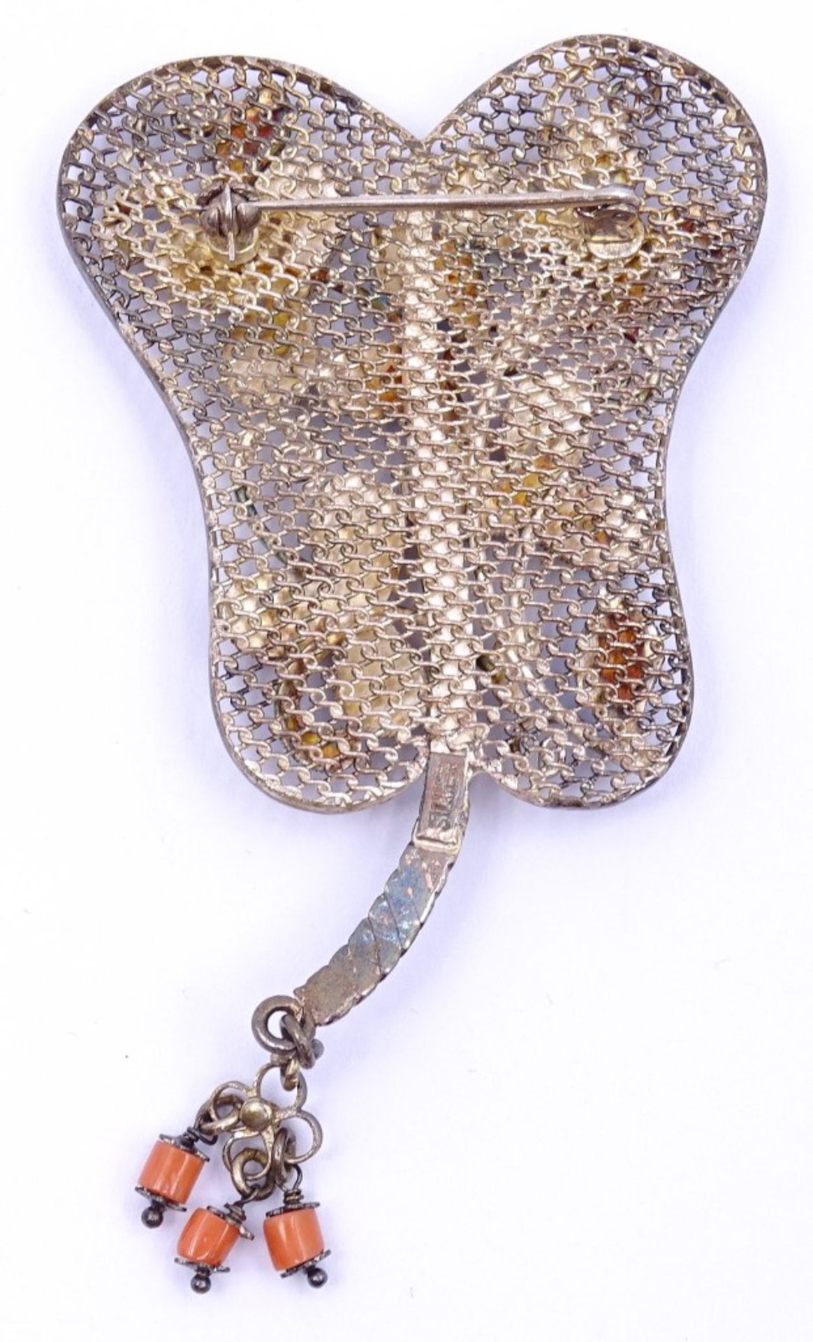Große Silber Brosche mit Koralle,türkise und bunter Emaille,L- 8,2cm, 14,9g - Bild 3 aus 3