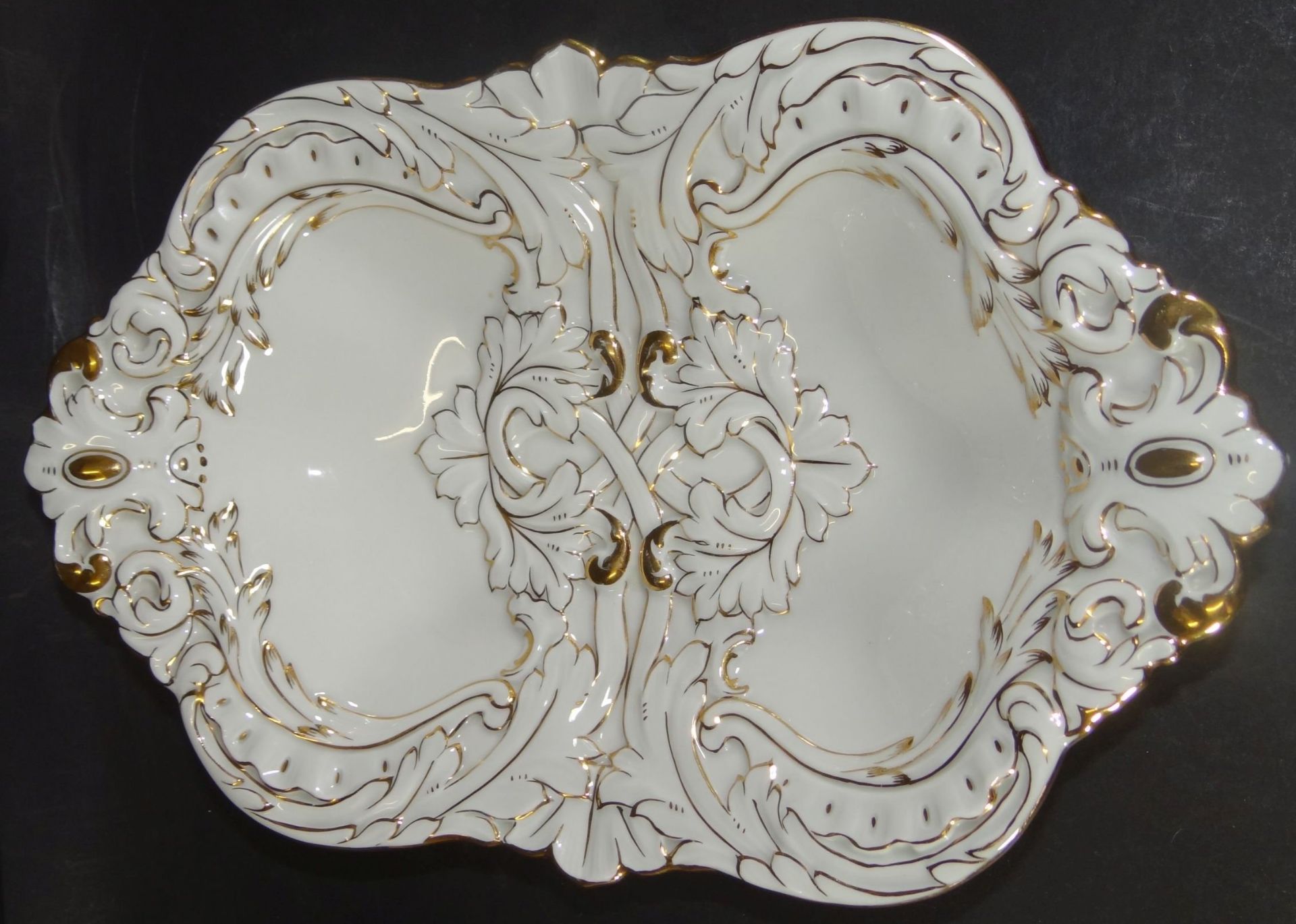 Prunk-Schale "Meissen" Goldstaffage, gut erhalten, H-6 cm, 30x20 cm, Schwerter 2x durchschliffen - Bild 4 aus 6