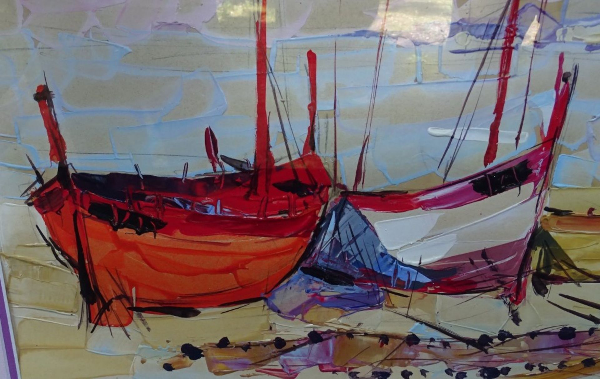 Aquarell hinter Glas,"Boote am Strand", signiert Gasser, RG 57x60cm - Bild 4 aus 5