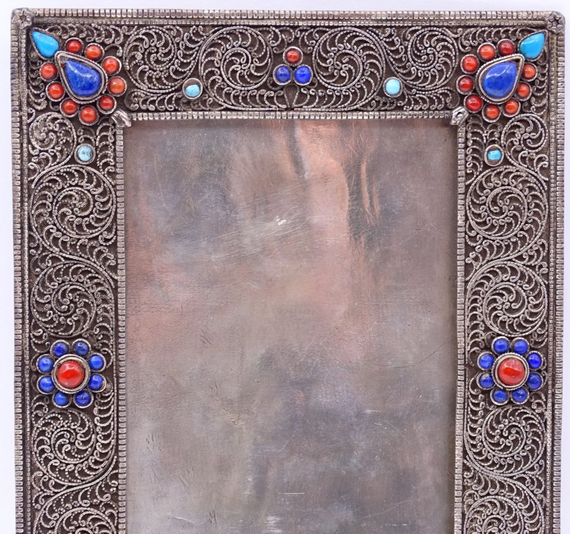Tischfoto Rahmen in Sterling Silber mit Koralle,türkise und Lapislazuli, 17,5x13,5cm,278gr.,ohne - Bild 2 aus 4