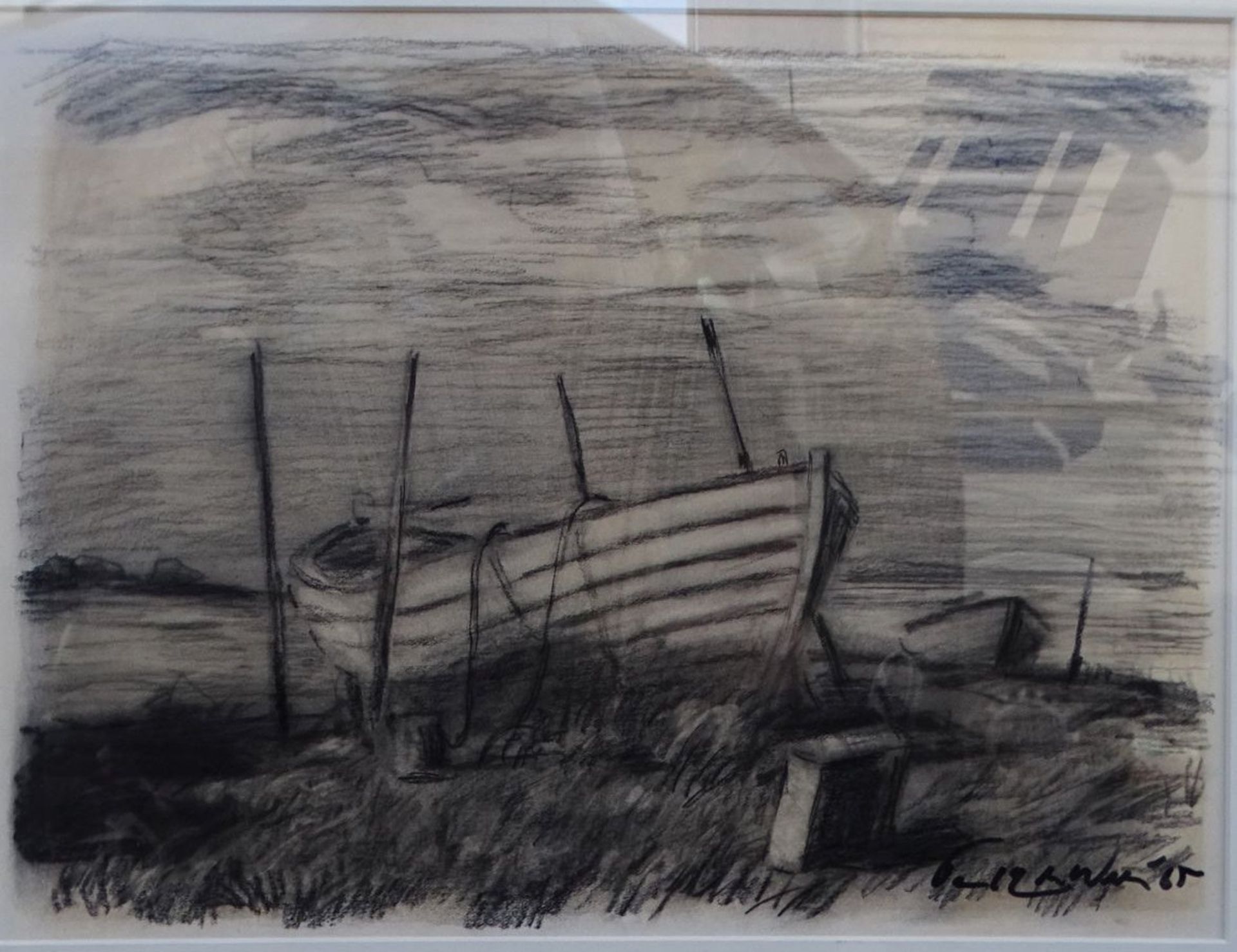 Paul Ernst WILKE (1894-1972),1965, "Fischerboot" Kohlezeichnung, MG 31x40 cm, ger/Glas, RG 53x69 cm