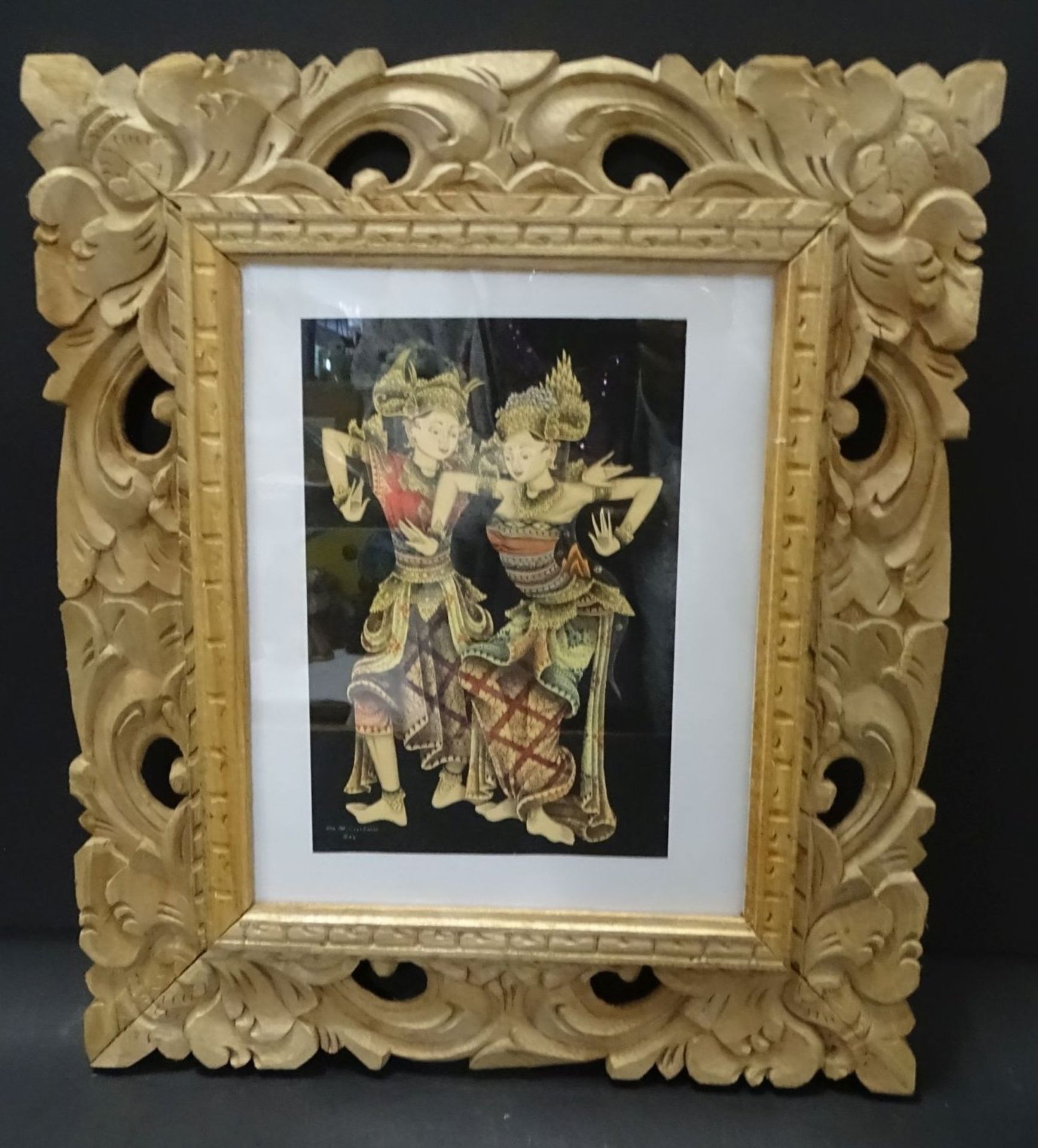 unleserl. sign kl. Aquarell, "Tempeltänzerinnen" 20x14 cmwohl Bali, geschnitzter Rahmen, 38x33 c