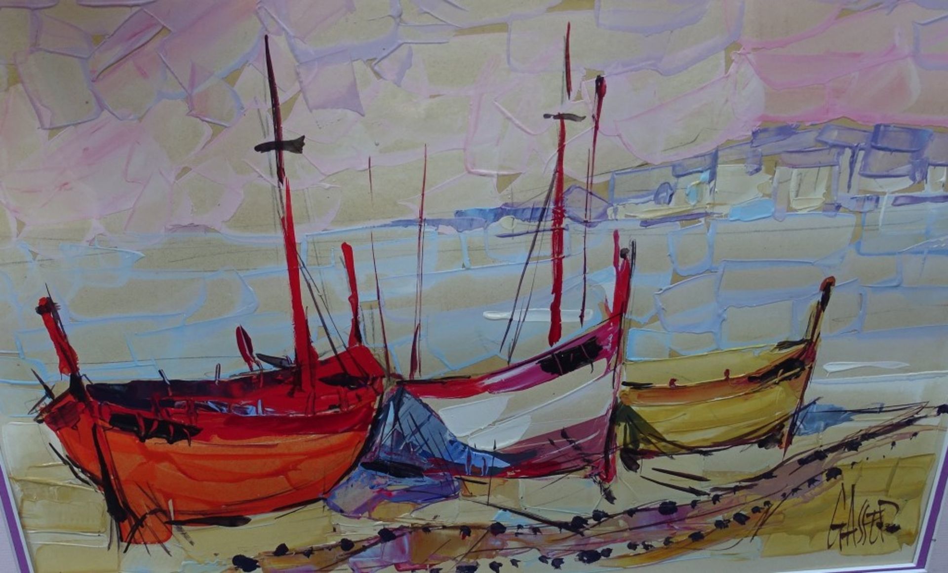 Aquarell hinter Glas,"Boote am Strand", signiert Gasser, RG 57x60cm - Image 3 of 5