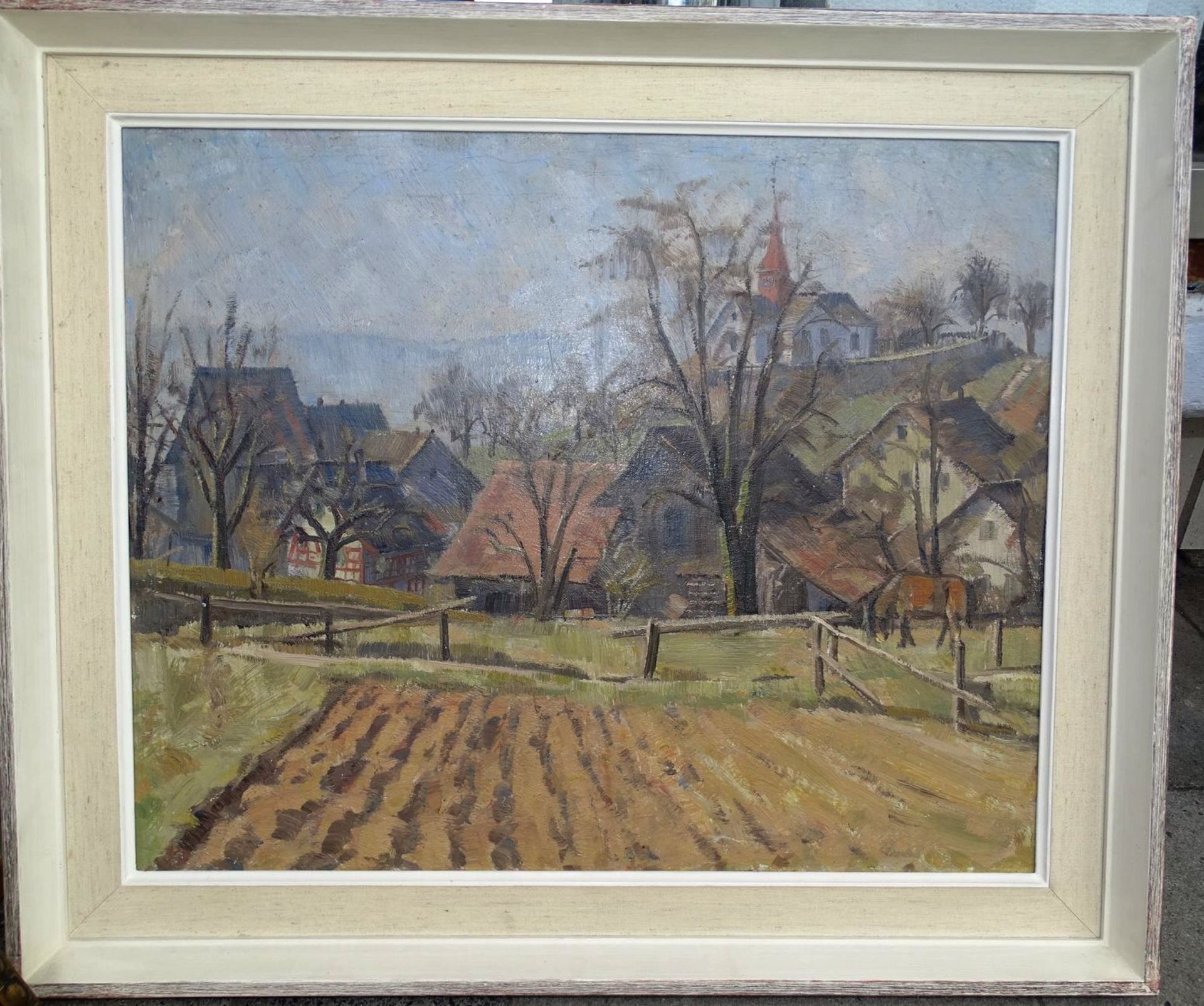 Wilhelm HARTUNG (1878-1957) Oberdorf mit Kirche", Öl/Malfaser, gerahmt, RG 63x74 cm, verso - Bild 2 aus 5