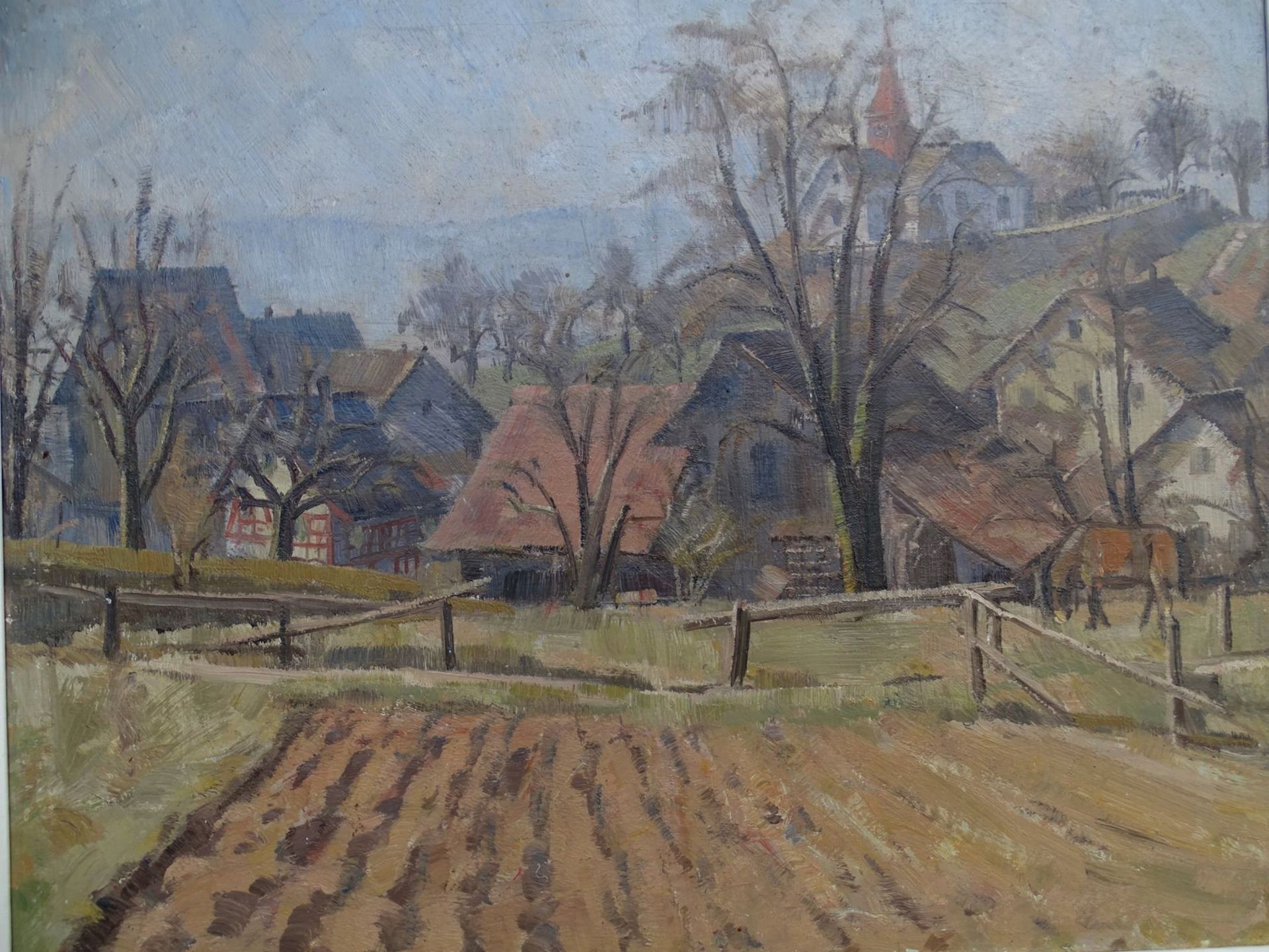 Wilhelm HARTUNG (1878-1957) Oberdorf mit Kirche", Öl/Malfaser, gerahmt, RG 63x74 cm, verso