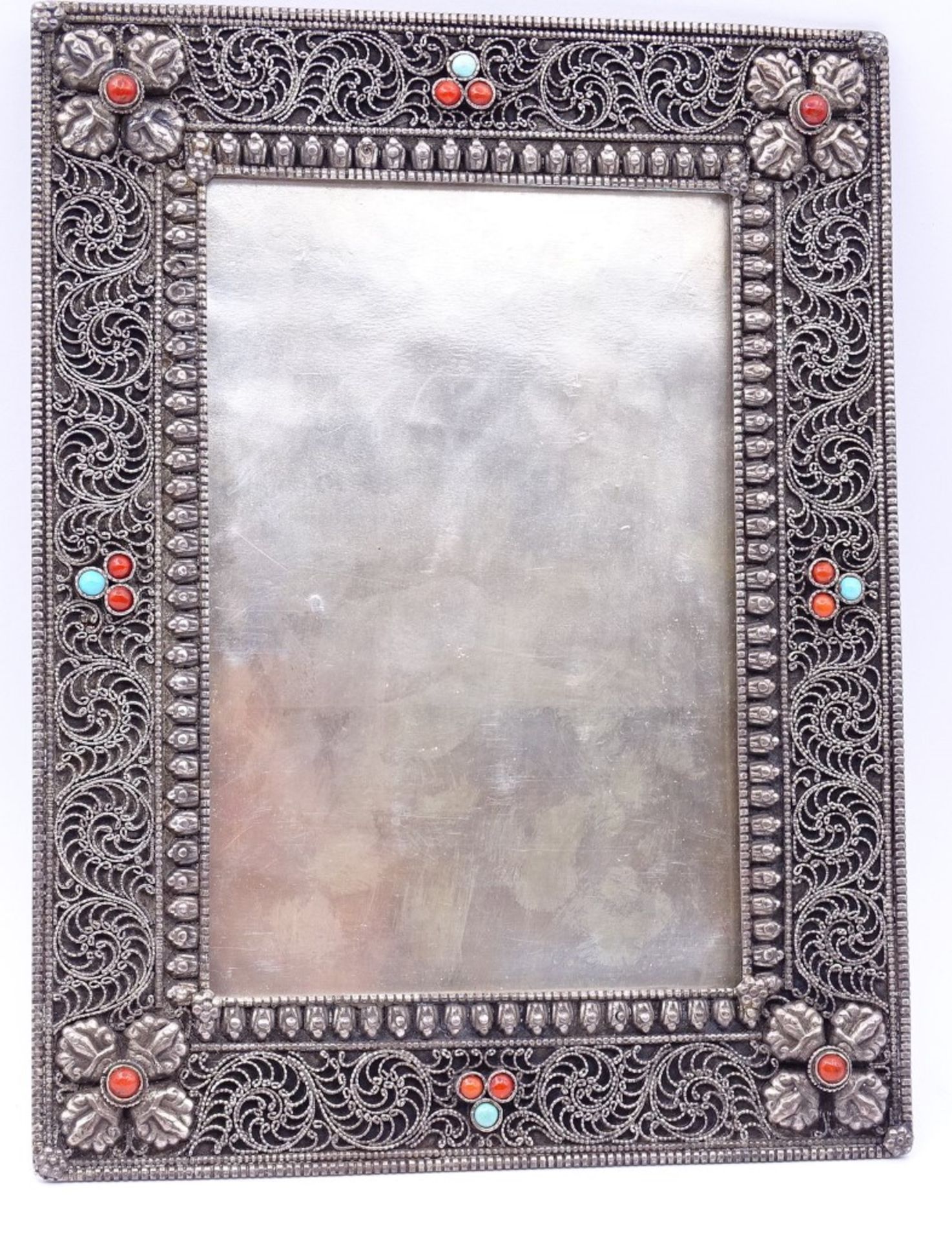 Tischfoto Rahmen in Sterling Silber mit Koralle und türkise,17,5x13,5cm,mit Glaseinsatz,Gew.