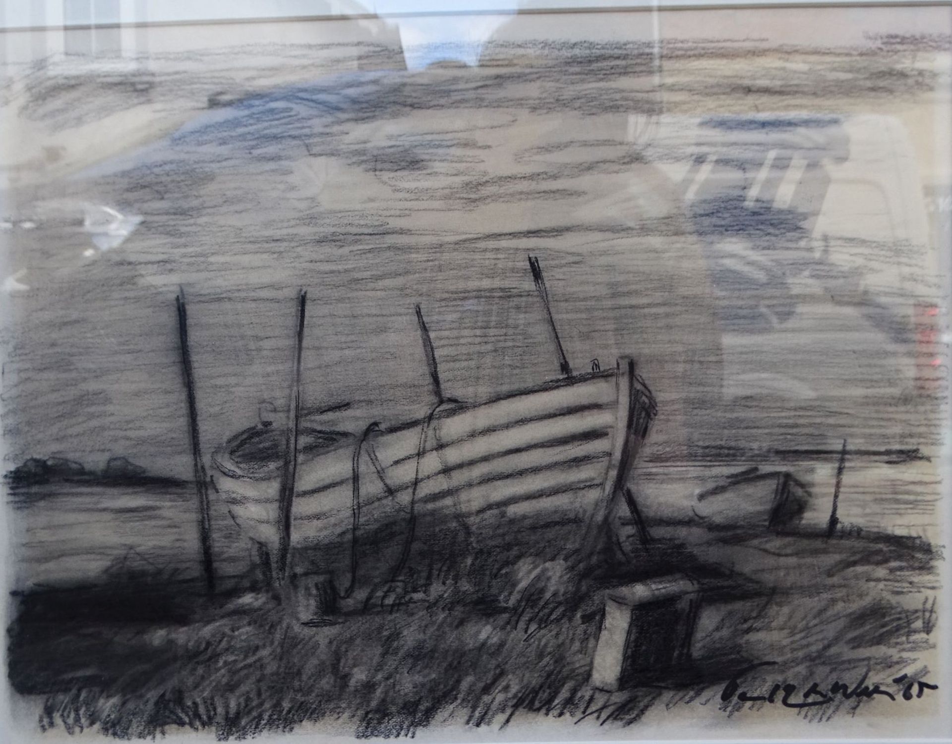 Paul Ernst WILKE (1894-1972),1965, "Fischerboot" Kohlezeichnung, MG 31x40 cm, ger/Glas, RG 53x69 cm - Bild 3 aus 5