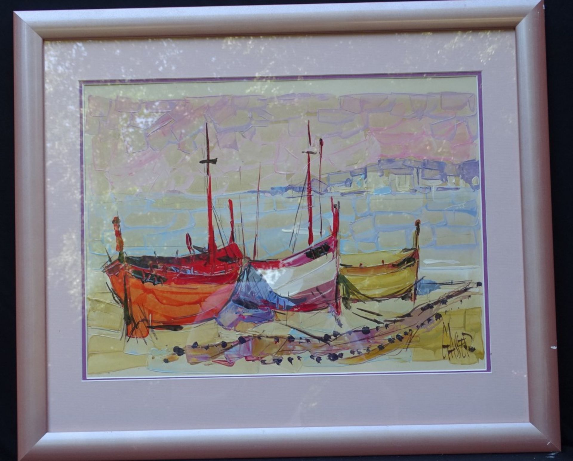 Aquarell hinter Glas,"Boote am Strand", signiert Gasser, RG 57x60cm