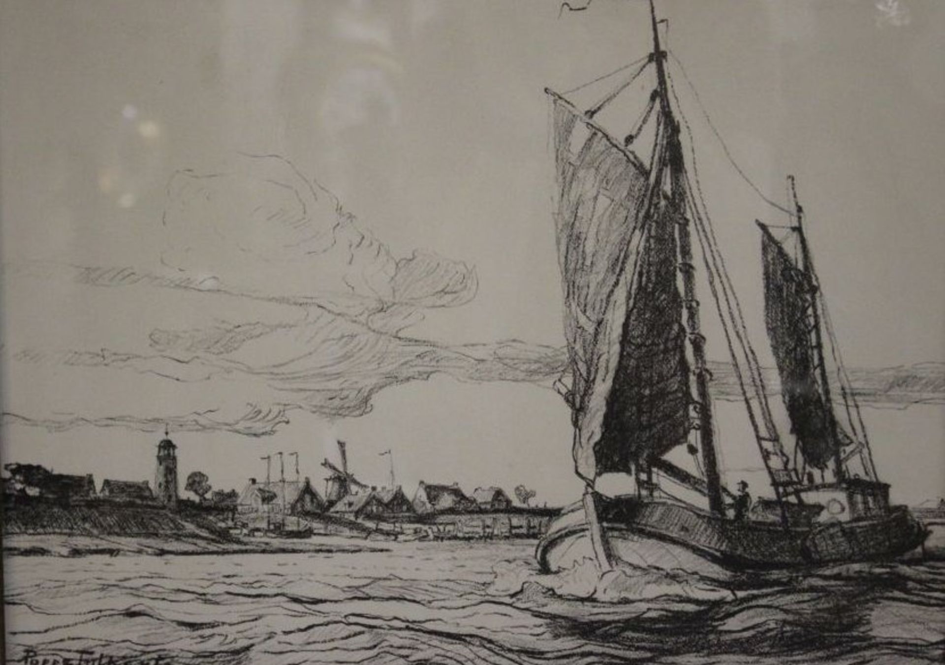 Poppe FOLKERTS (1875-1949), Fischerboot vor Stadtsilhouette, Litho, ger./Glas, RG 40,5 x 43,5 cm.