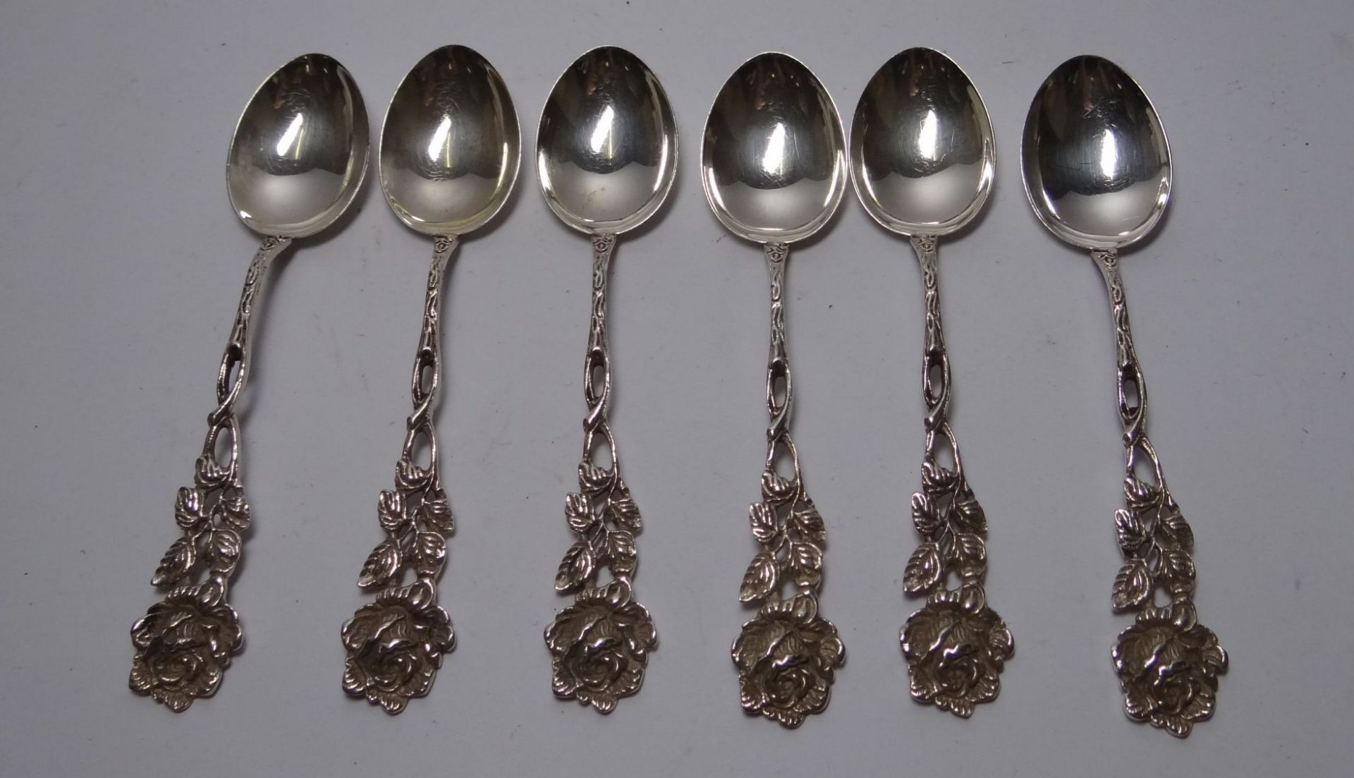 6 Teelöffel, Rosenmuster, Silber-835-, , L-11 cm, zus. 64 gr