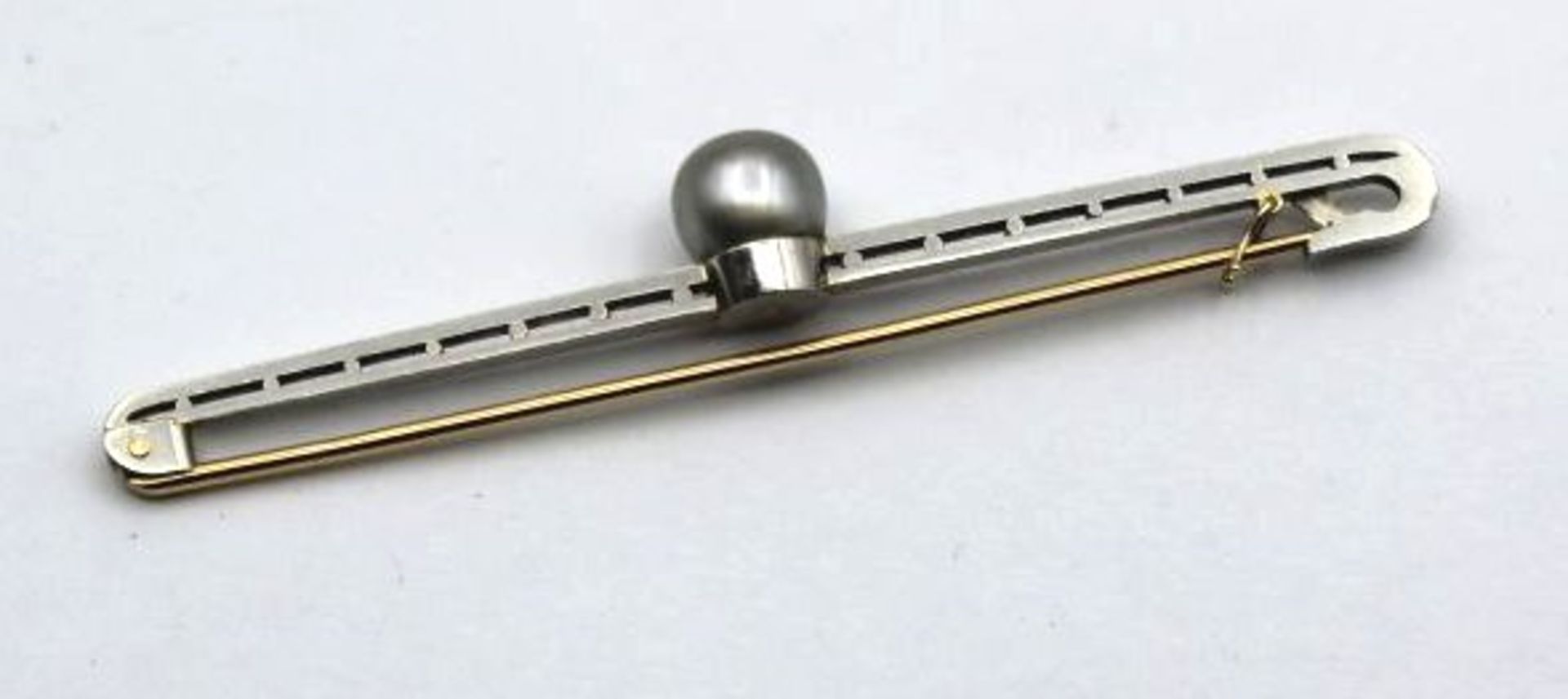 Brosche, bicolor um 14ct (geprüft), mit grauer Perle, 6,5gr, L-6,5cm - Bild 2 aus 2