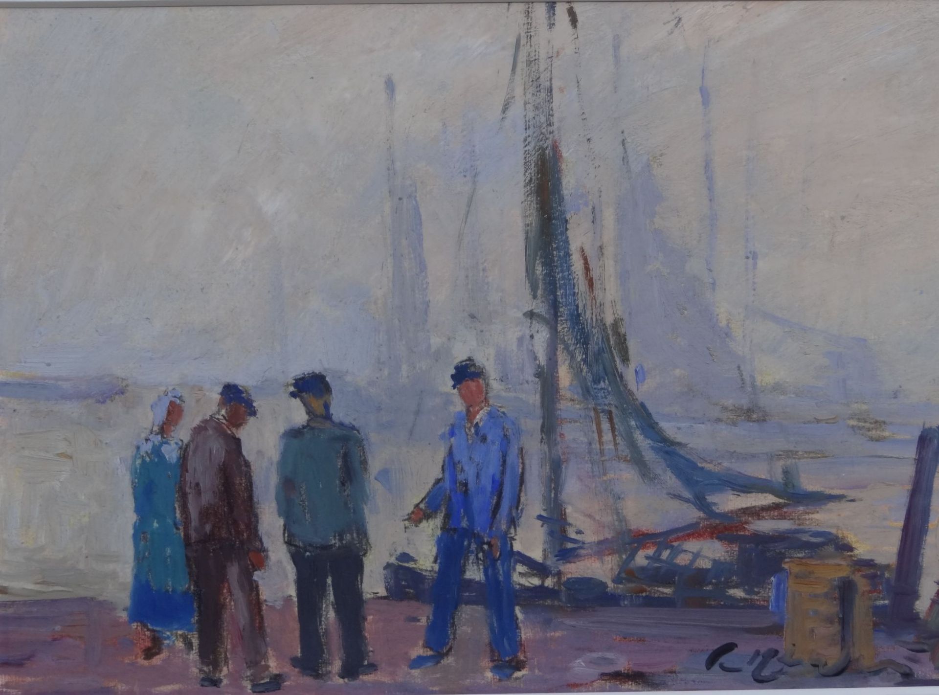 Paul Ernst WILKE (1894-1972), "Personen vor Fischerboot" Öl/Malfaser, 26x36 cm, gerahmt, RG 35x45