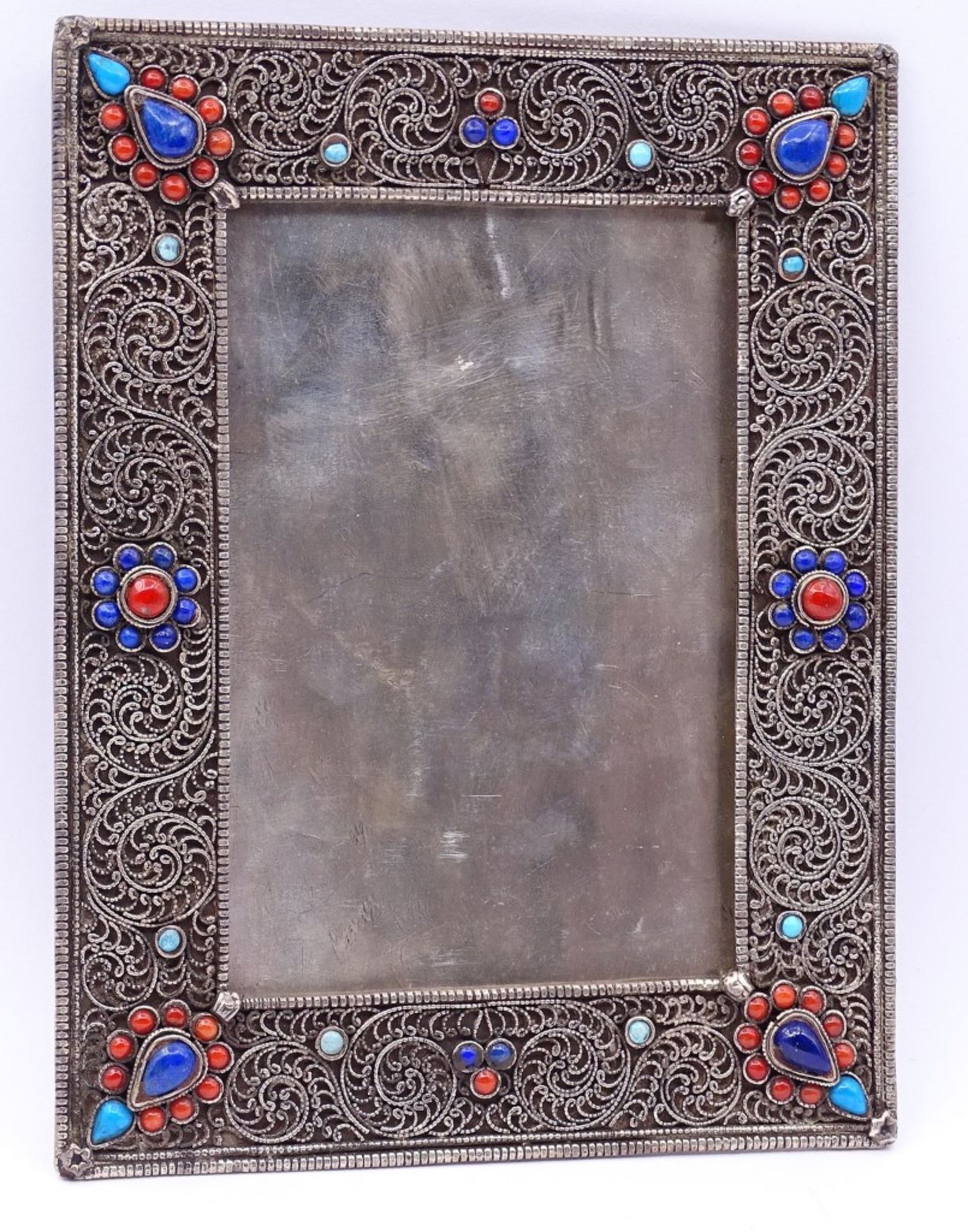 Tischfoto Rahmen in Sterling Silber mit Koralle,türkise und Lapislazuli, 17,5x13,5cm,278gr.,ohne