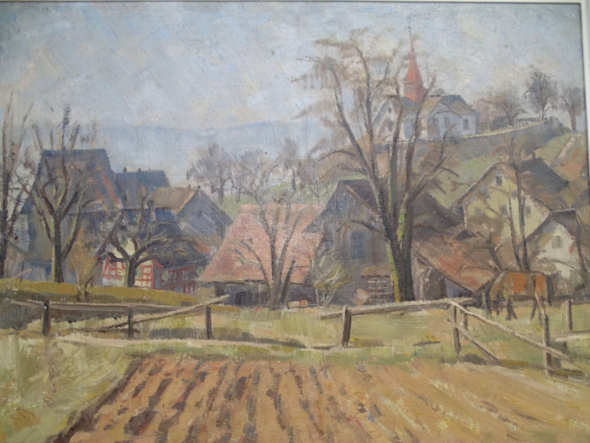 Wilhelm HARTUNG (1878-1957) Oberdorf mit Kirche", Öl/Malfaser, gerahmt, RG 63x74 cm, verso - Bild 3 aus 5
