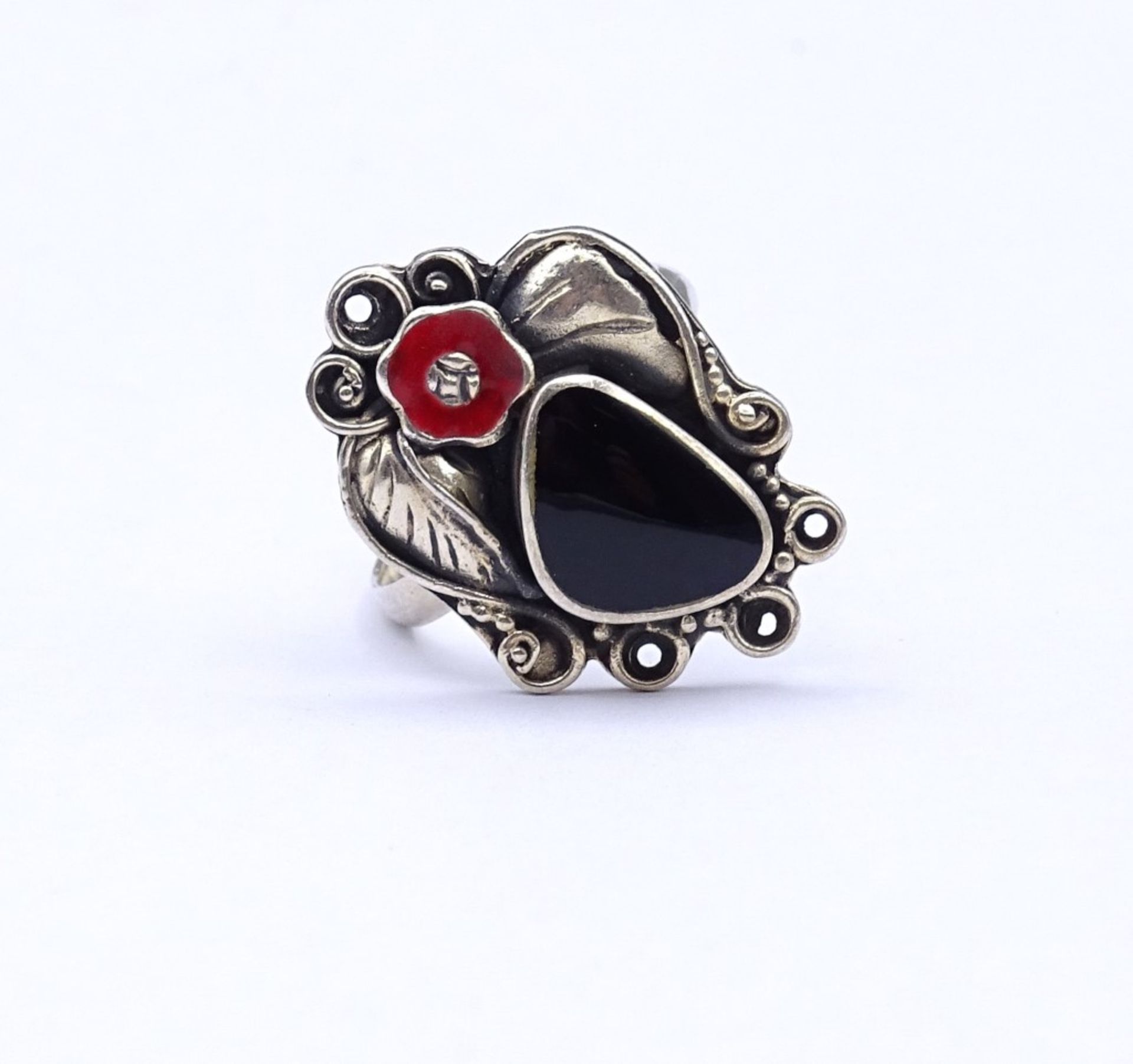 Silber Ring mit Onyx und roter Emaille,Sterling Silber 925/000, 7,5gr.,RG 63