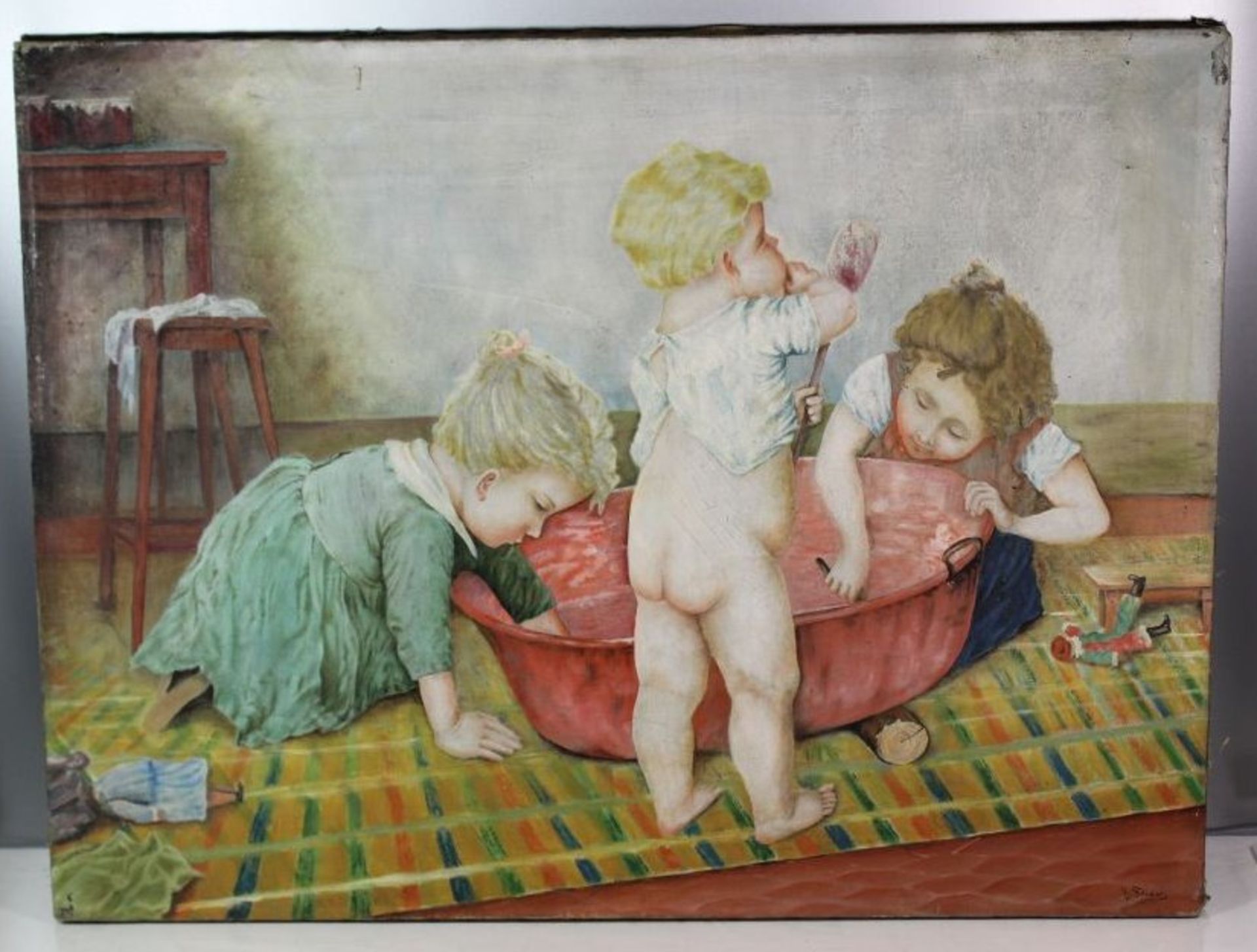 H.Studer o.ä., spielende Kinder, Öl/Leinwand, ungerahmt, 53 x 70cm - Bild 3 aus 4