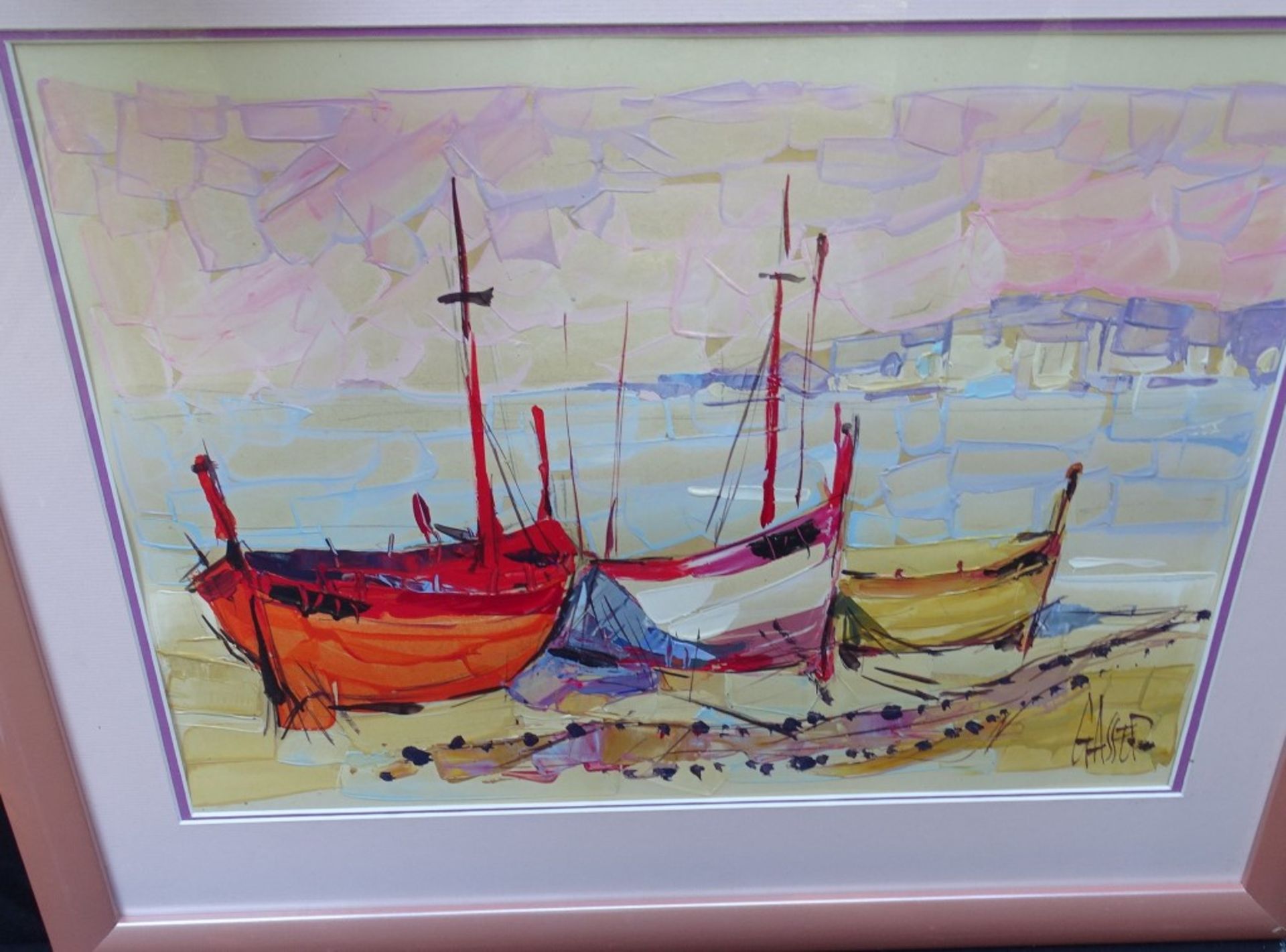 Aquarell hinter Glas,"Boote am Strand", signiert Gasser, RG 57x60cm - Bild 2 aus 5