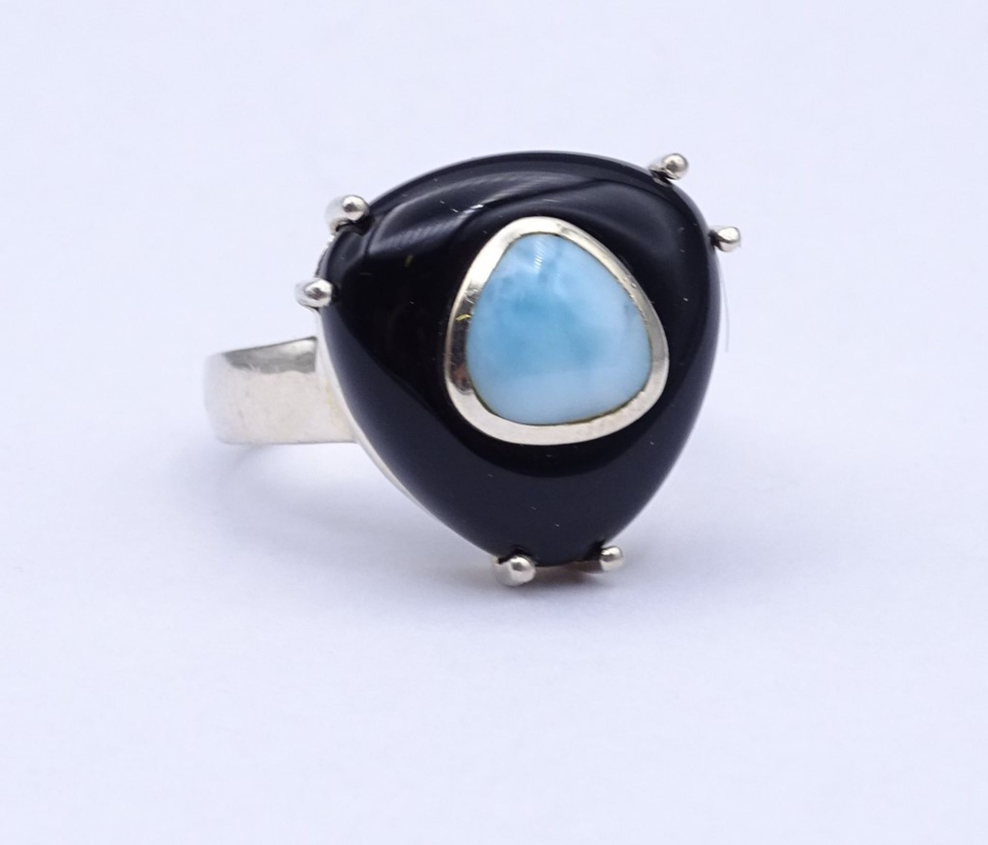 Silber Ring mit Onyx und Larimar,Sterling Silber 925/000, 9,9gr.,RG 57