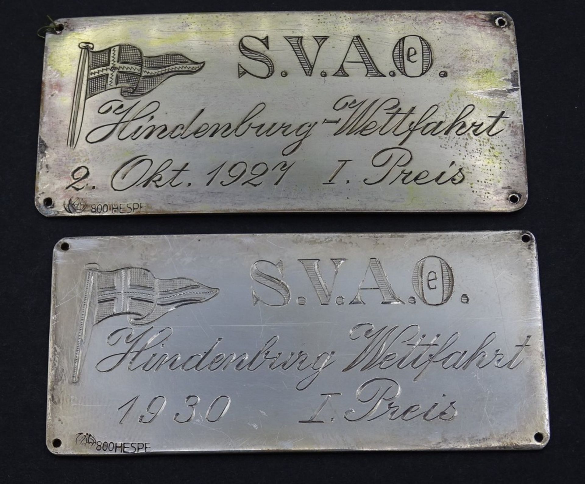 Zwei Silber Plaketten S.V.A.O.Hindenburg Wettfahrt, je 1.Preis, 1921 /1930 (S.V.A.O - Segler