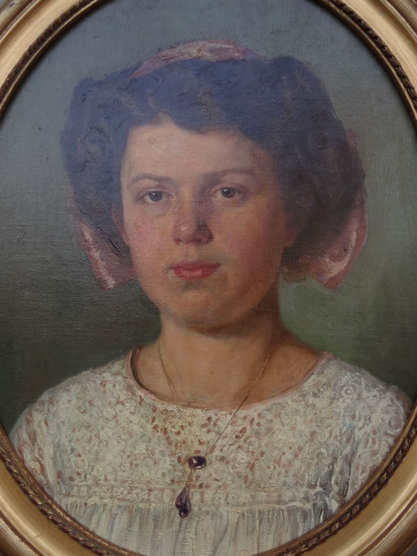 anonymes Portrait einer jungen Frau, Öl/Platte, ovale gerahmt, um 1860, 61x48 c - Bild 2 aus 3