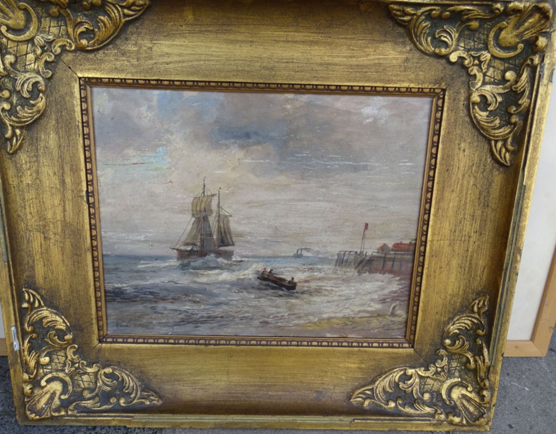 Pommer oder ähnlich? "Segelboot vor Küste" Öl/Platte, 32x38 cm breit gerahmt, RG 50x57 - Bild 2 aus 4