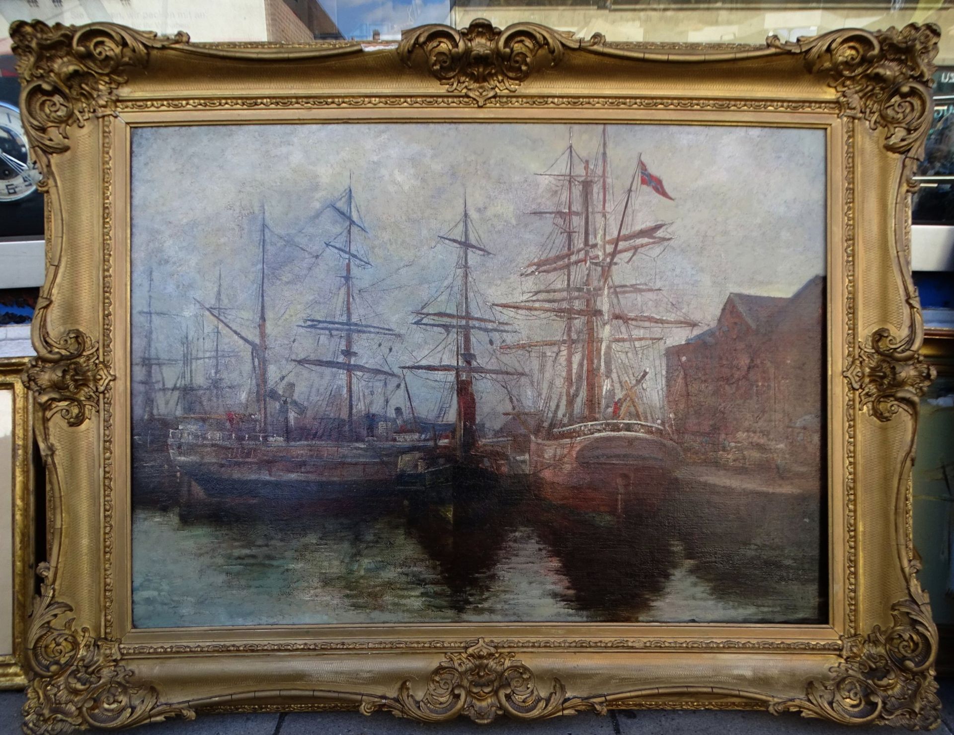 anonym, Segelschiffe im Hafen, Öl/Leinen, alt und beschädigt gerahmt, RG 70x90 cm, um 190