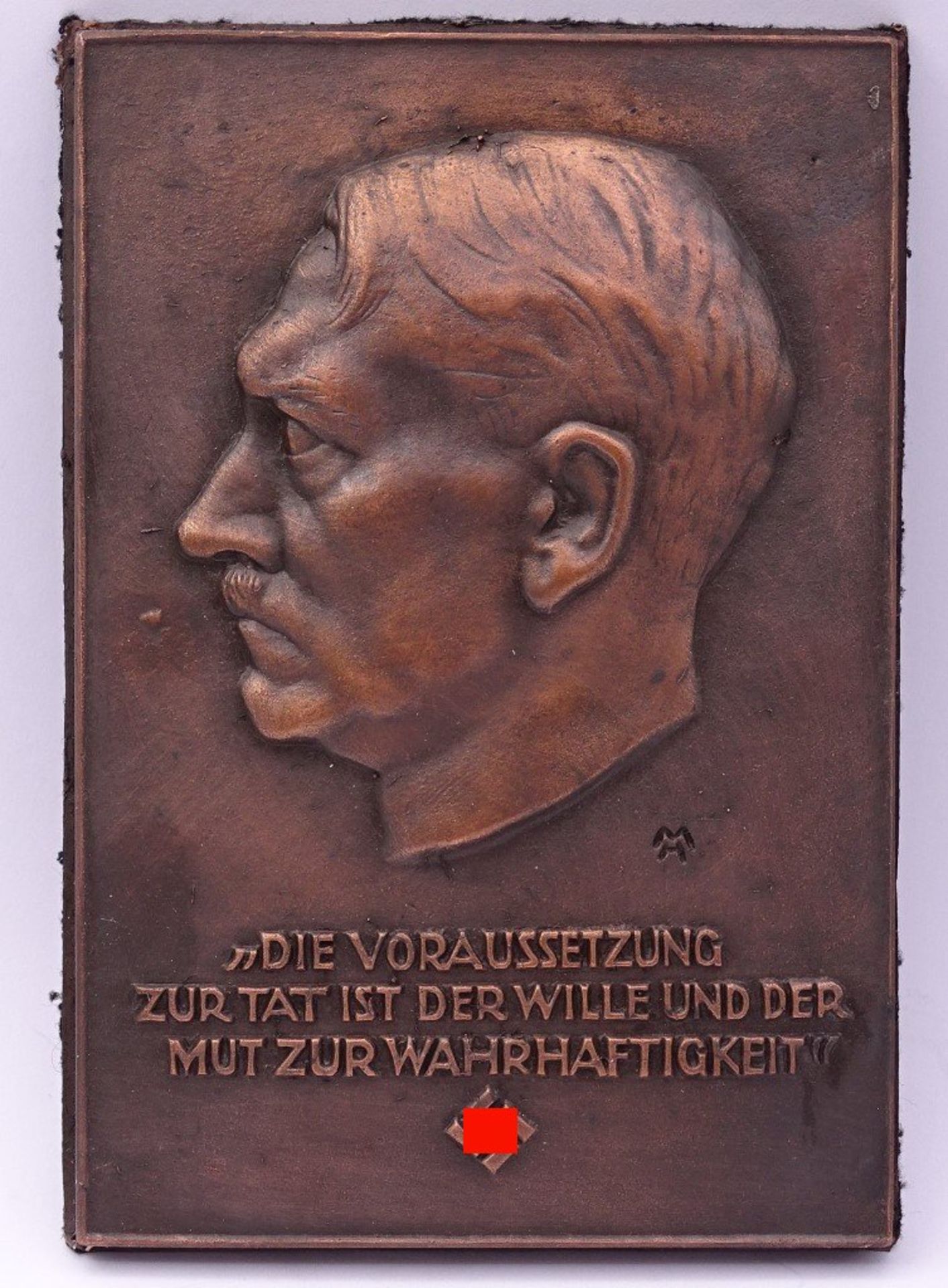 Plakette Adolf Hitler Portrait "Die Voraussetzung zur Tat ist der Wille und der Mut zur