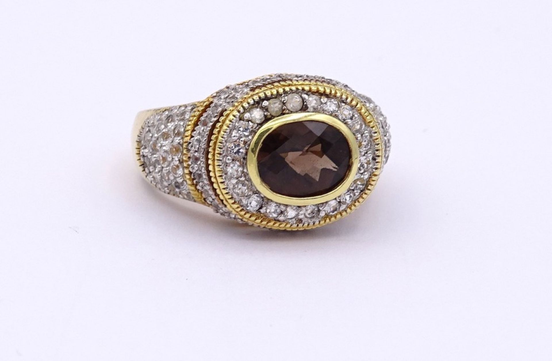 Prachtvoller Silber Ring mit facc.Rauchquarz und rund facc.klaren Steinen,Silber-vergoldet, 925/000, - Bild 2 aus 3