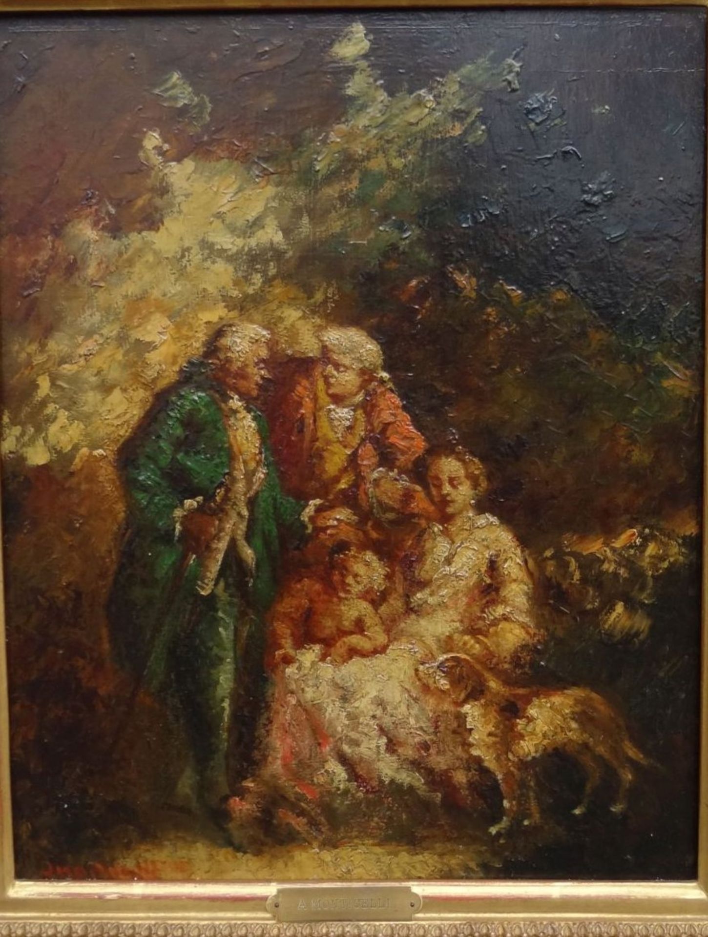Adolphe MONTICELLI (1824-1886) "Elegantes aux chien" Öl/Holz, 40x32 cm, gerahmt RG 57x48 c