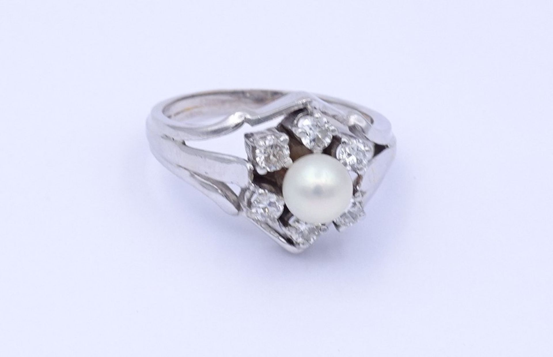 Weißgoldring mit Diamanten und Perle,Gold um 18K gepr.,5,7gr., RG 57/5 - Bild 3 aus 4