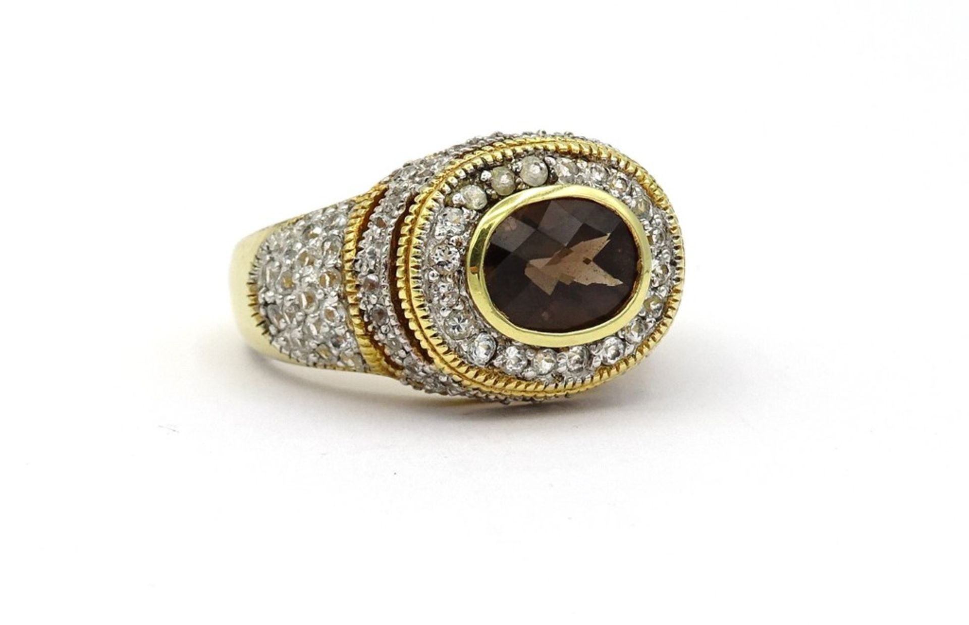 Prachtvoller Silber Ring mit facc.Rauchquarz und rund facc.klaren Steinen,Silber-vergoldet, 925/000,