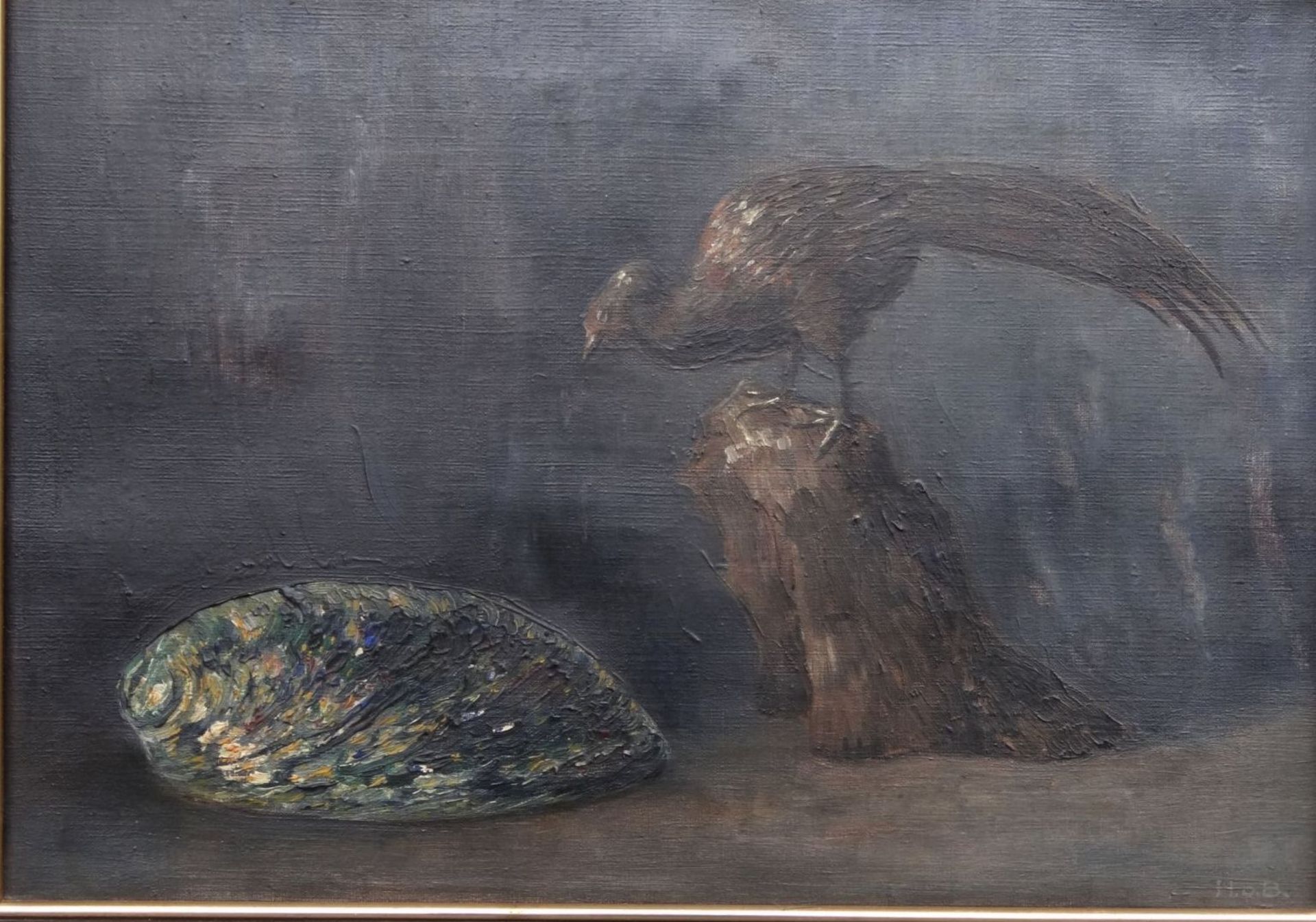 H.o.B. "Vogel auf Baumstumpf"Öl/Leinen, gerahmt, RG 48x60 cm, 19.Jhd - Bild 4 aus 8
